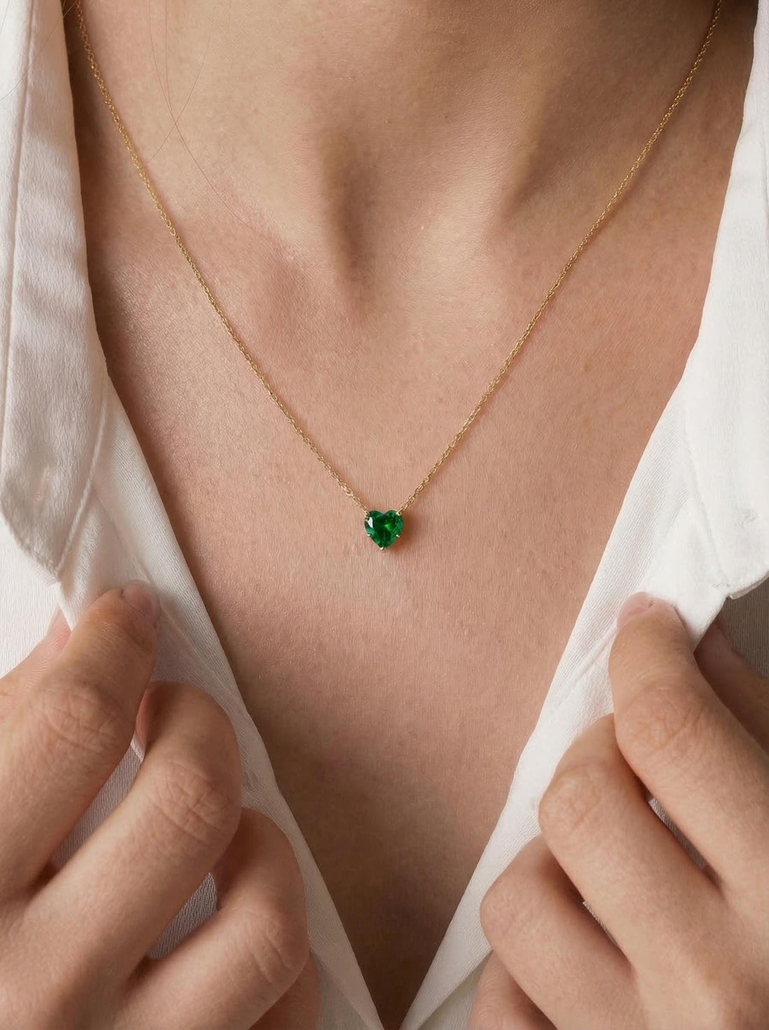 Dainty Emerald Green Heart Necklace, Gold Plated Love Pendant, Minimalist Jewelry Gift for Her, May Birthstone, Anniversary