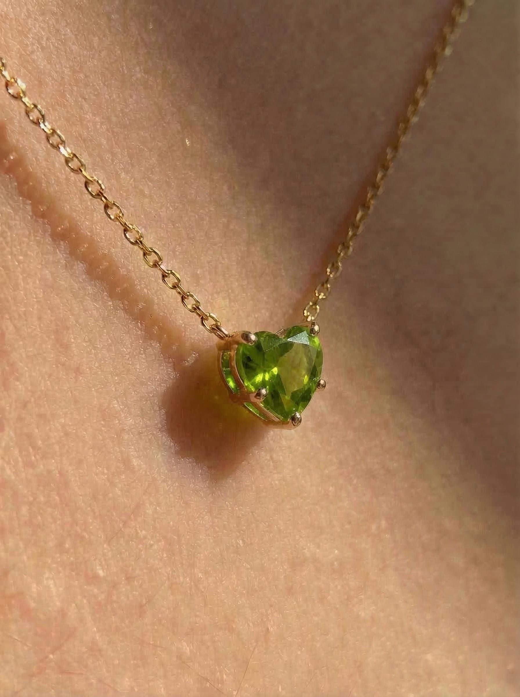 Dainty Gold Peridot Heart Necklace, August Birthstone Jewelry, Delicate Love Pendant, Minimalist Anniversary Gift for Her