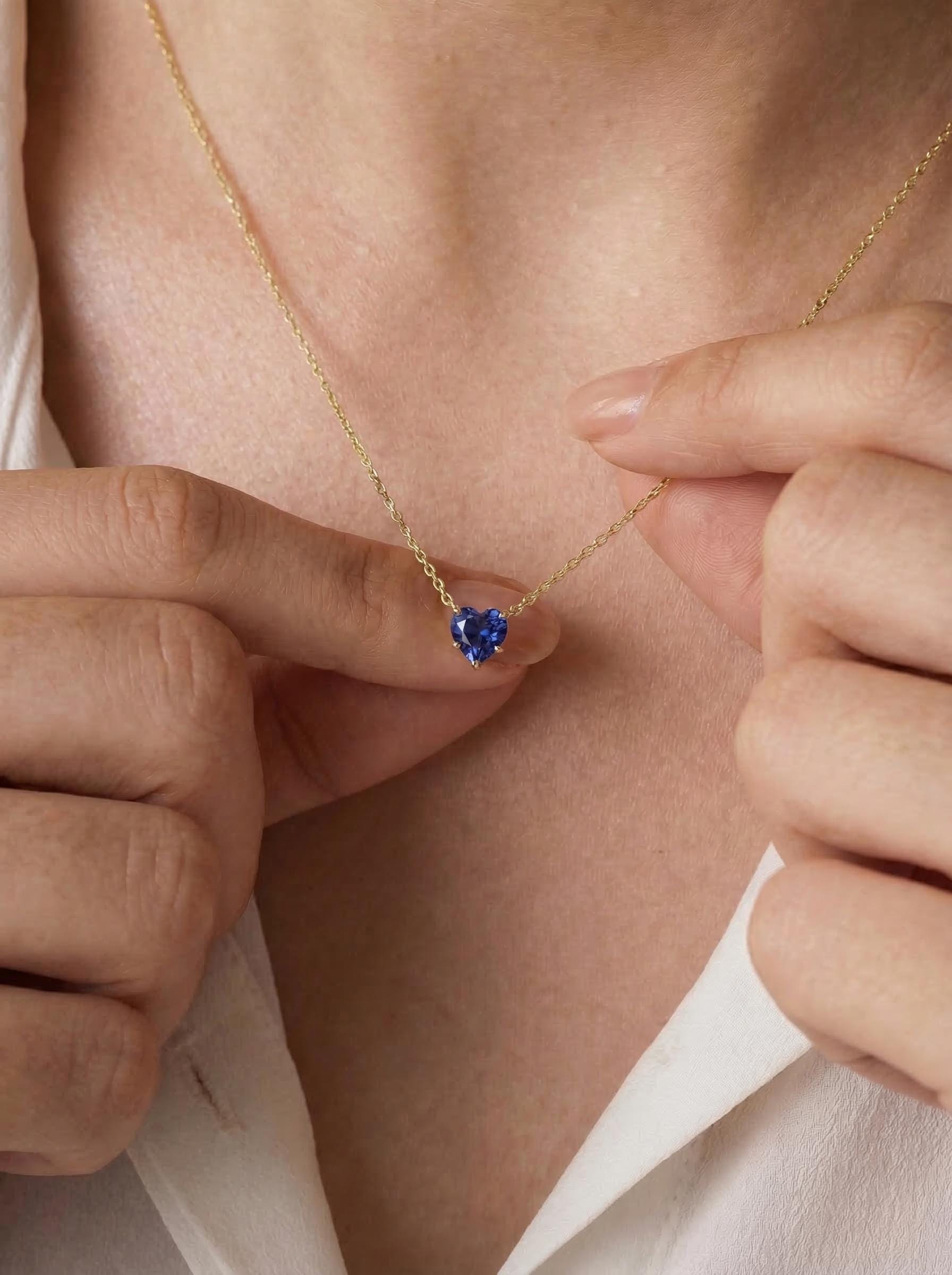 Dainty Gold Heart Sapphire Necklace | Delicate Blue Gemstone Pendant | September Birthstone Jewelry | Anniversary Gift for Her