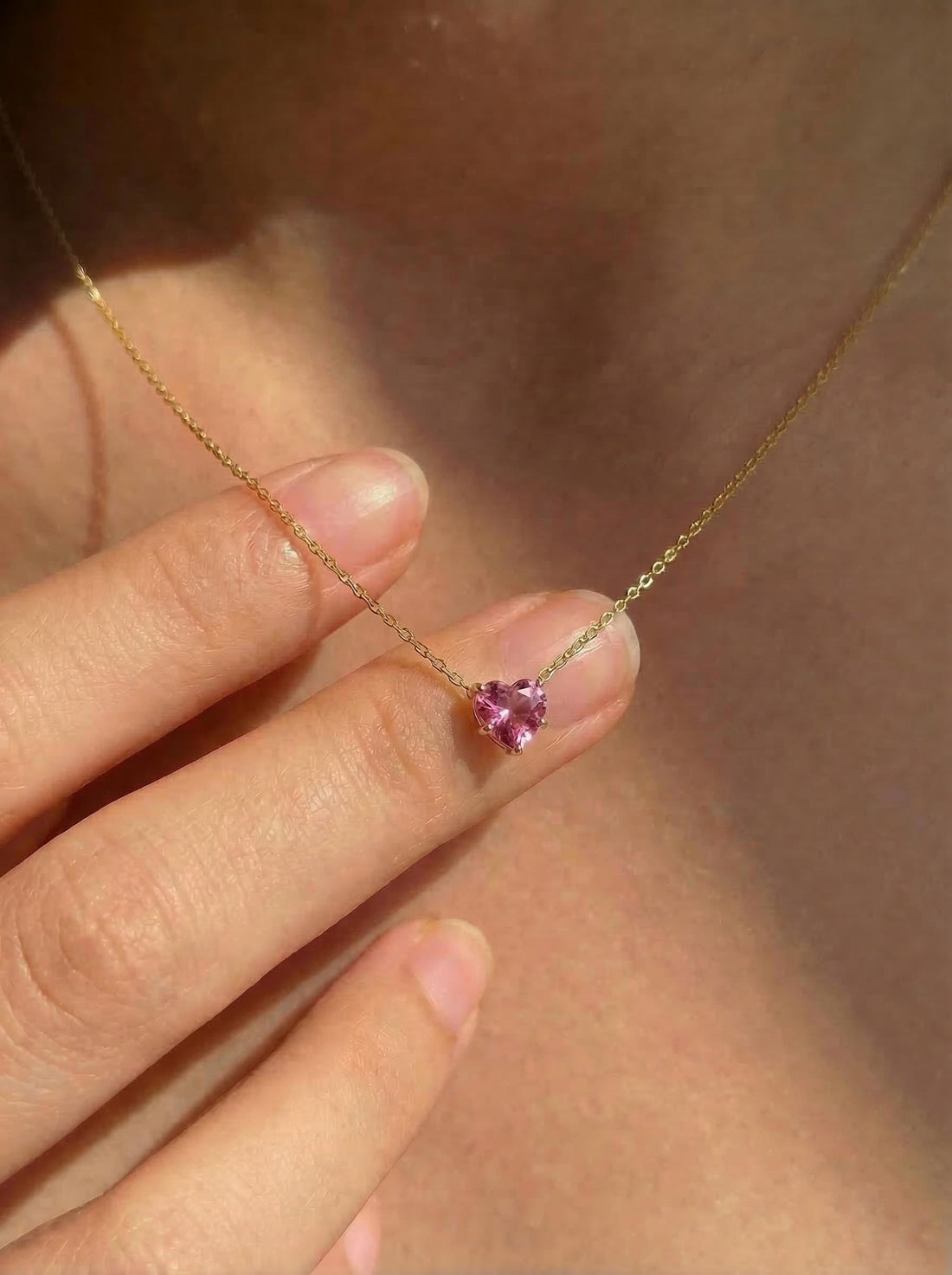 Dainty Pink Heart Necklace, Gold Chain Pendant, Romantic Gemstone Jewelry, Valentine's Day Gift for Her, Minimalist Love Charm
