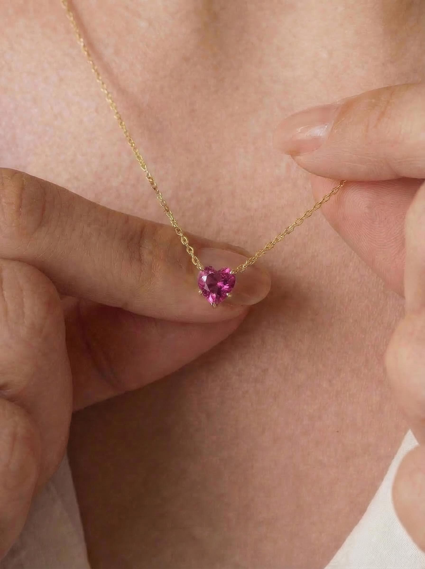 Dainty Pink Heart Necklace, Gold Chain Pendant, Romantic Gemstone Jewelry, Valentine's Day Gift for Her, Minimalist Love Charm