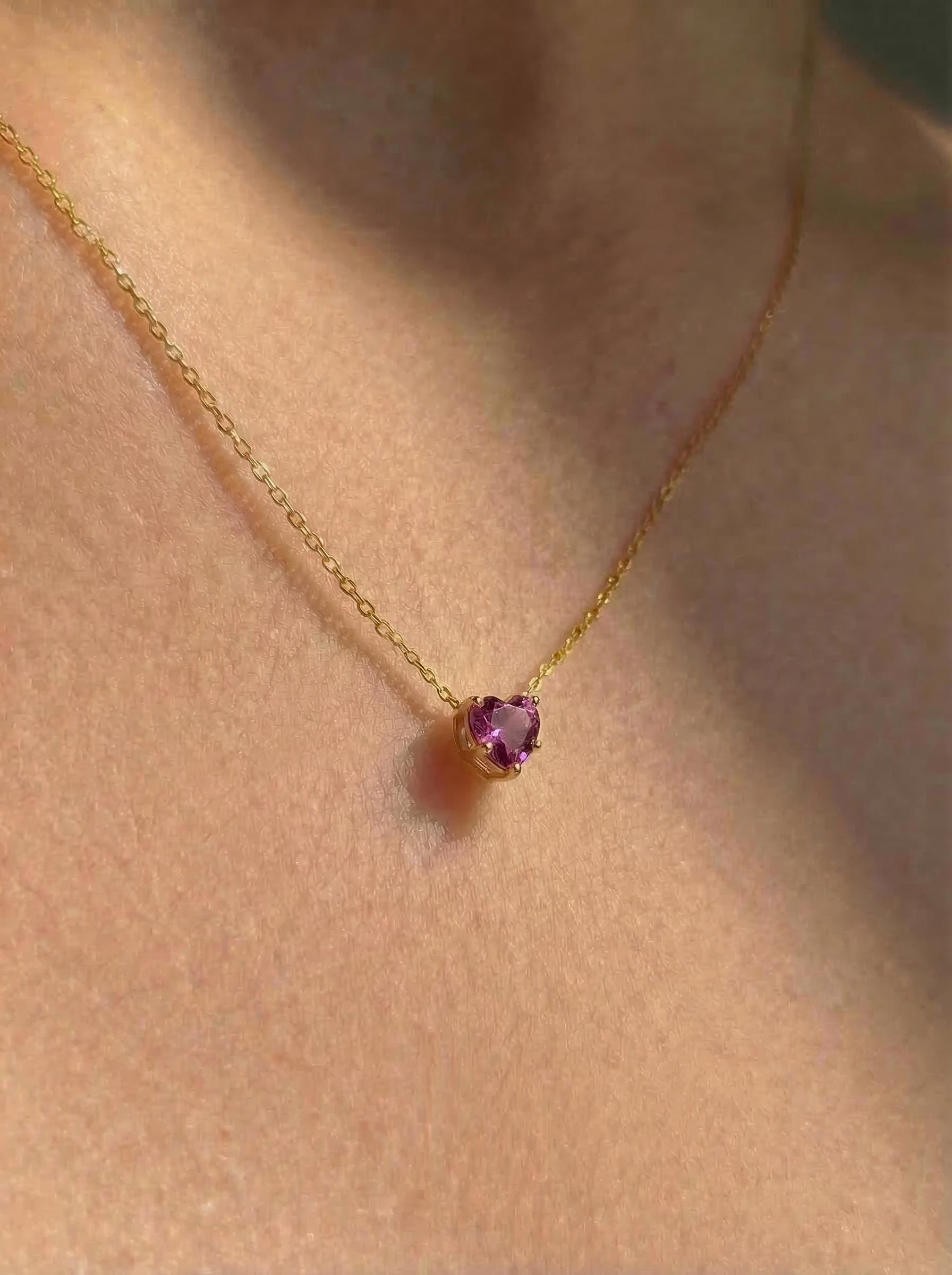 Dainty Pink Heart Necklace, Gold Chain Pendant, Romantic Gemstone Jewelry, Valentine's Day Gift for Her, Minimalist Love Charm