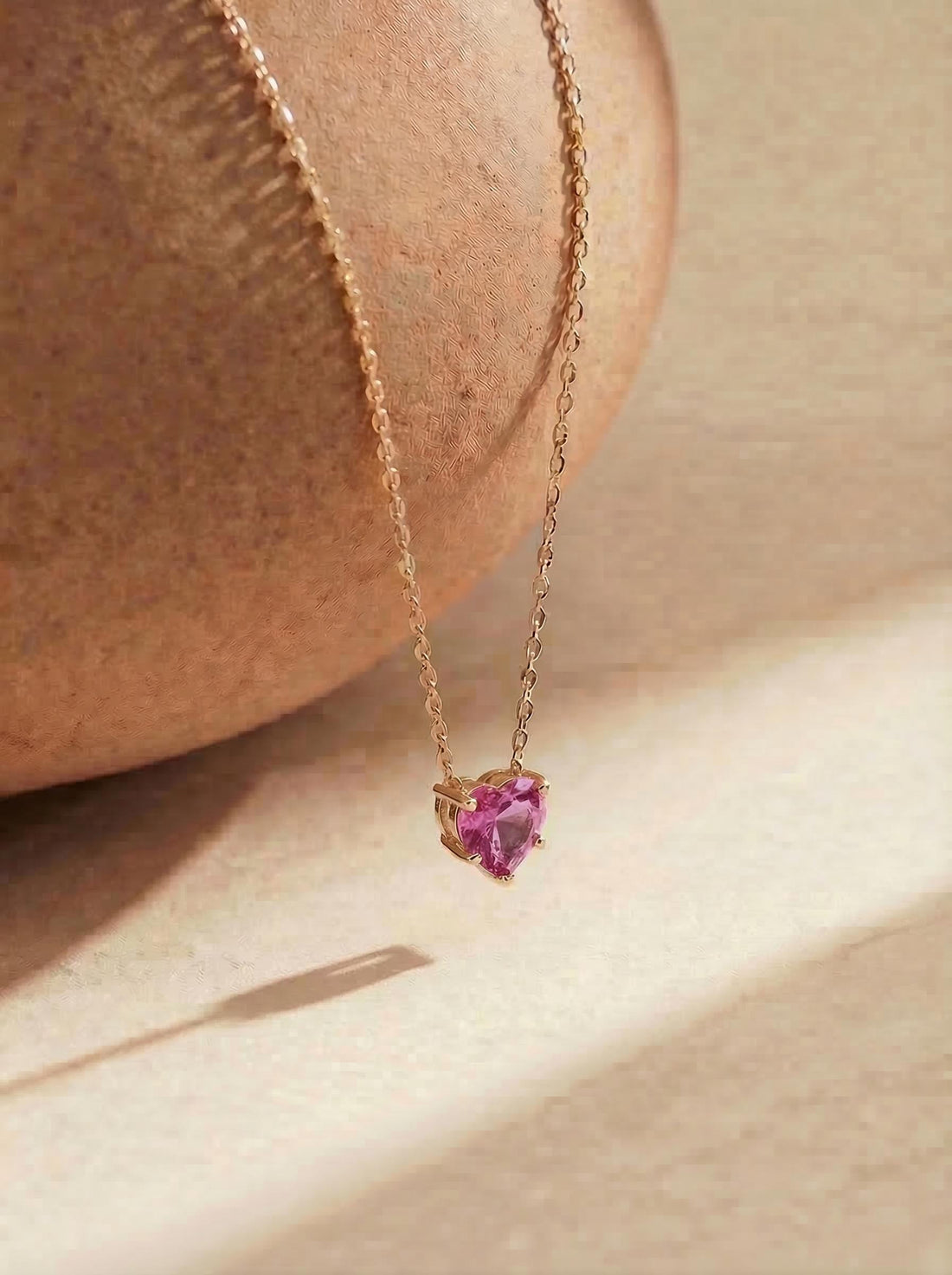 Dainty Pink Heart Necklace, Gold Chain Pendant, Romantic Gemstone Jewelry, Valentine's Day Gift for Her, Minimalist Love Charm