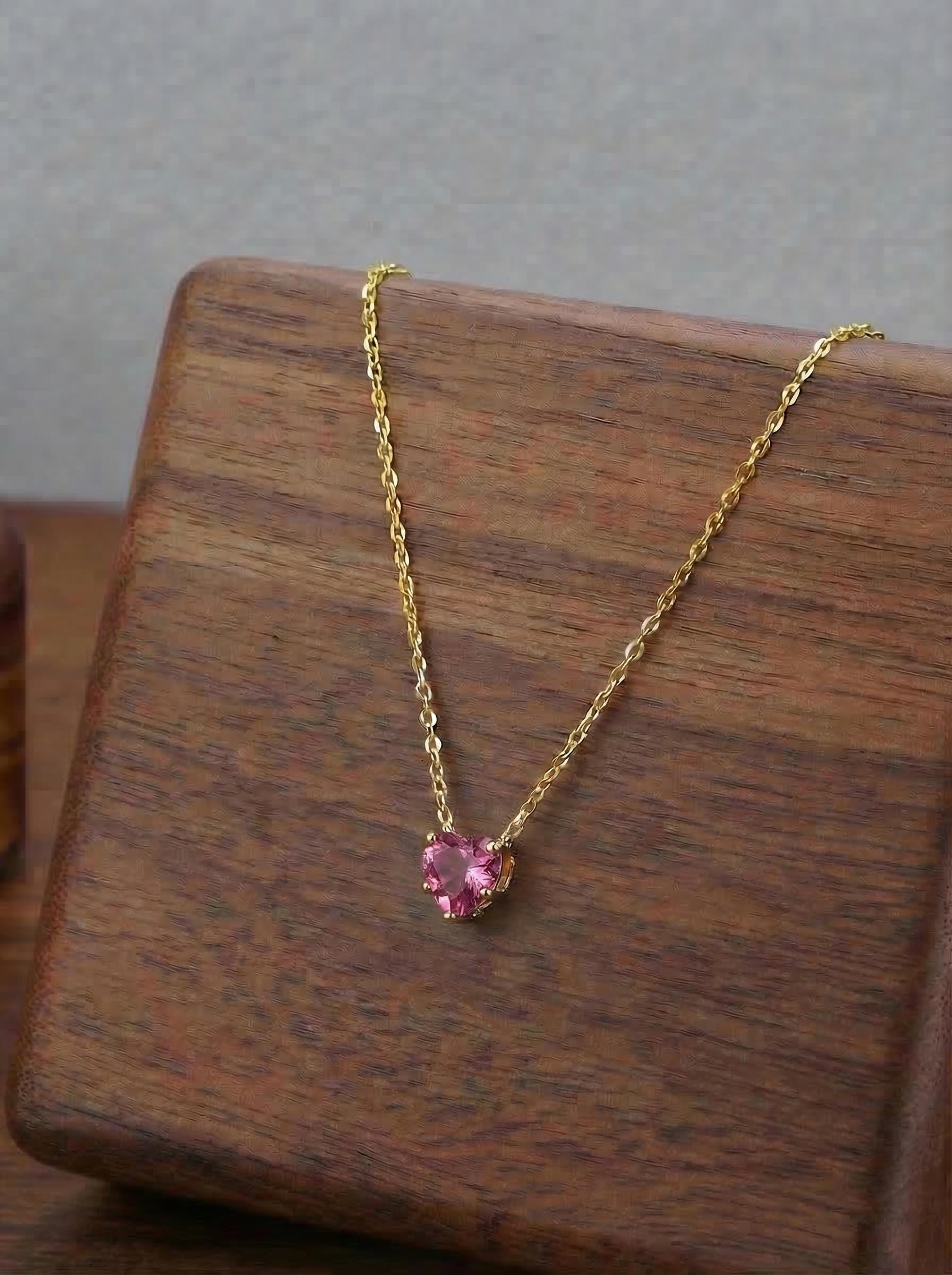Dainty Pink Heart Necklace, Gold Chain Pendant, Romantic Gemstone Jewelry, Valentine's Day Gift for Her, Minimalist Love Charm