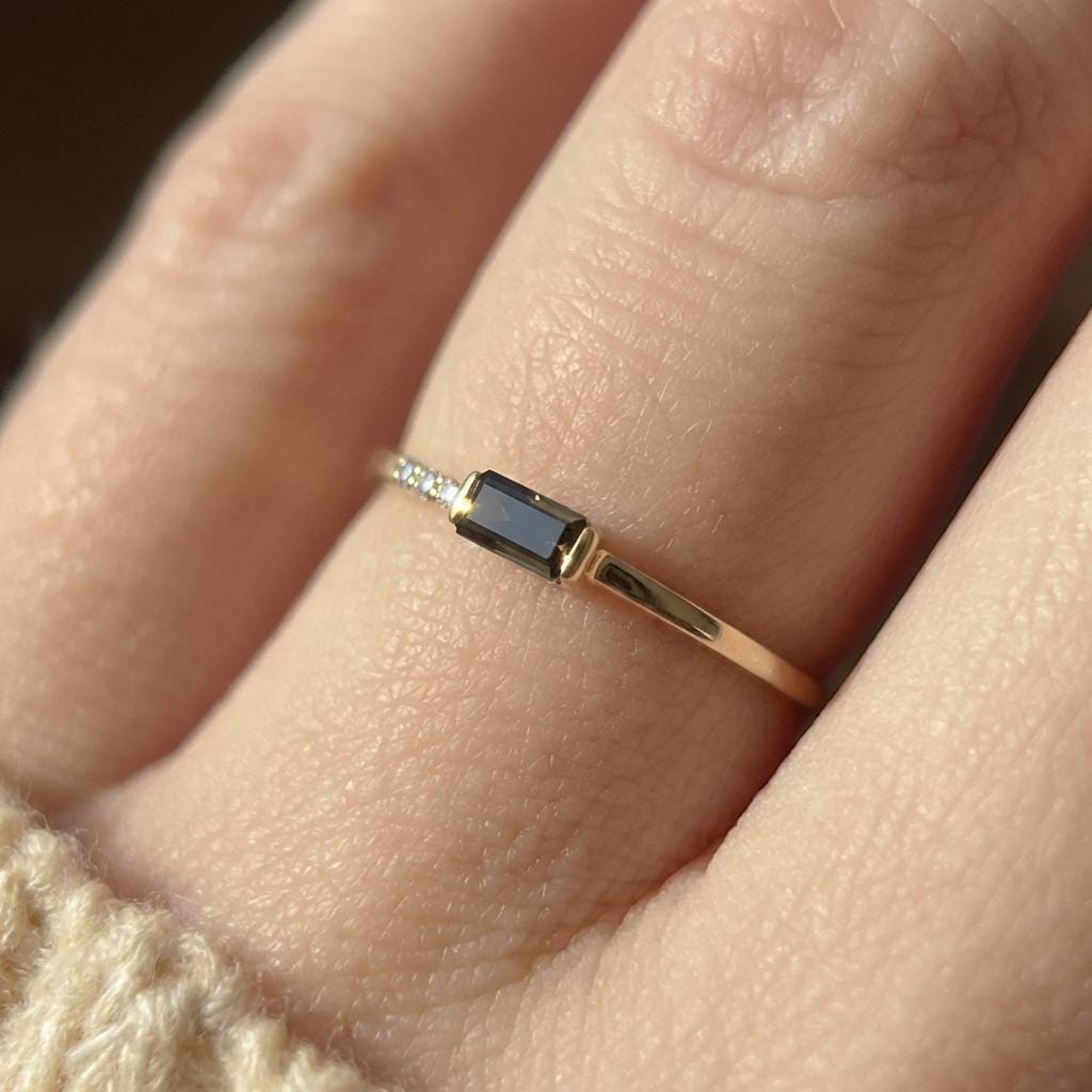 Dainty Baguette Black Diamond Ring, Minimalist Alternative Engagement Ring, Black Gemstone Ring for Her