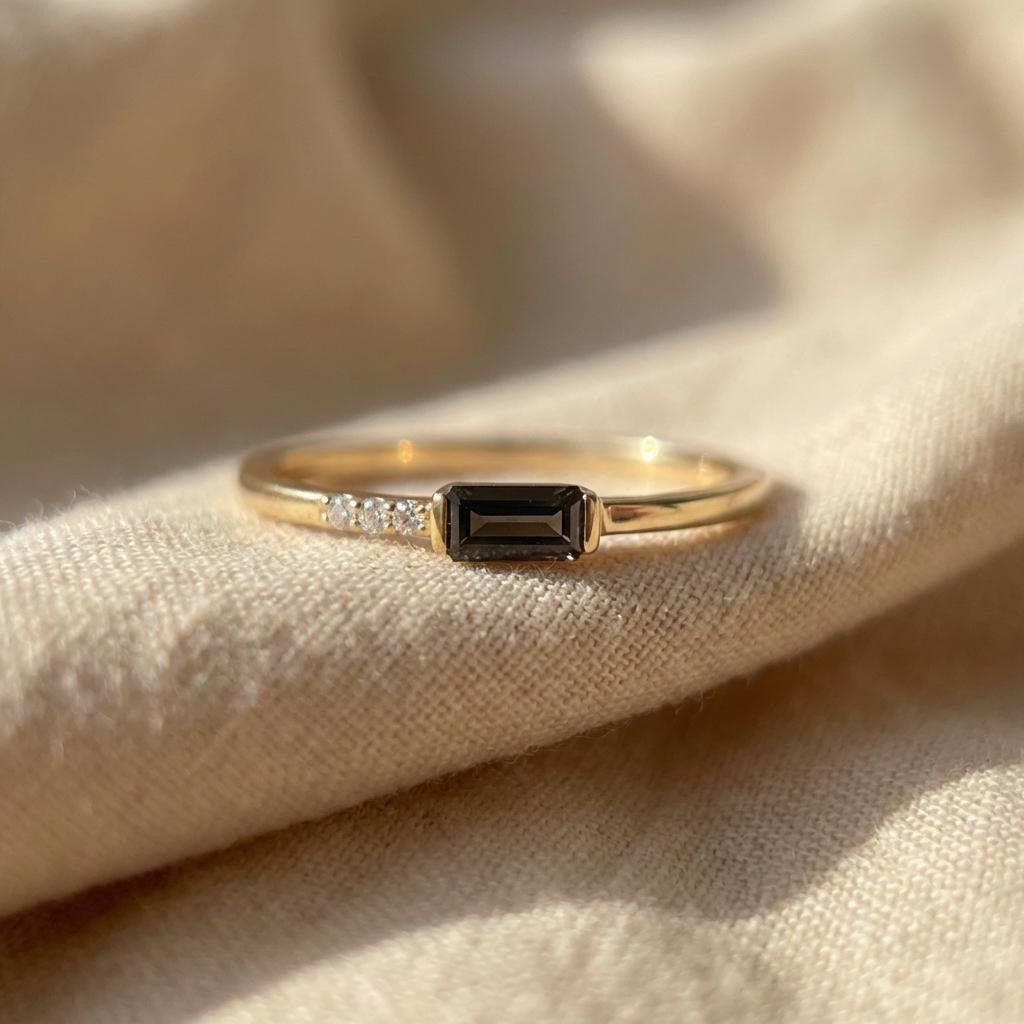 Dainty Baguette Black Diamond Ring, Minimalist Alternative Engagement Ring, Black Gemstone Ring for Her