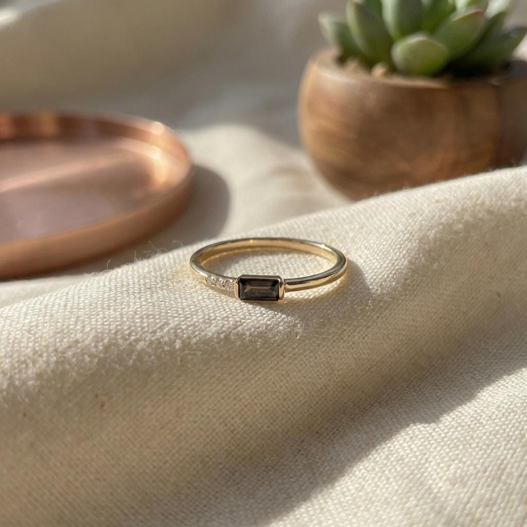 Dainty Baguette Black Diamond Ring, Minimalist Alternative Engagement Ring, Black Gemstone Ring for Her