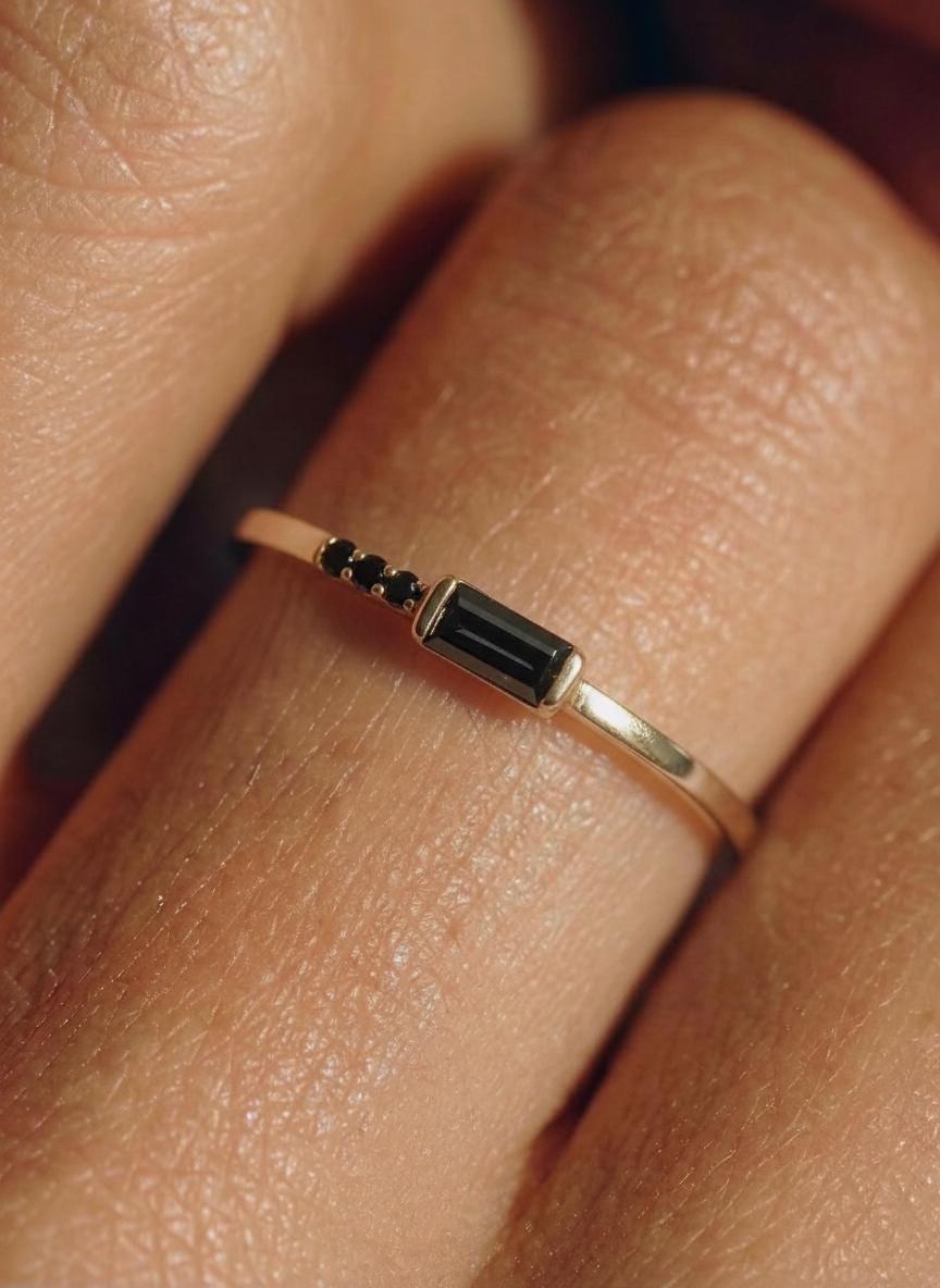 Dainty Baguette Black Diamond Ring, Minimalist Alternative Engagement Ring, Black Gemstone Ring for Her, All Black Diamond Ring