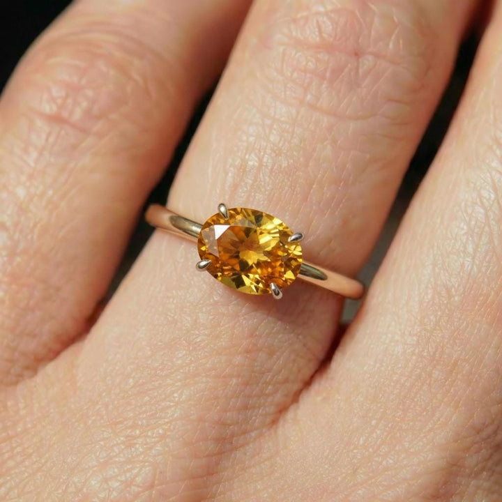 2.0 CT East West Oval Cut Citrine Birthstone Ring, Yellow Gold Vermeil Two Tone Ring, Dainty Travel Engagement Ring