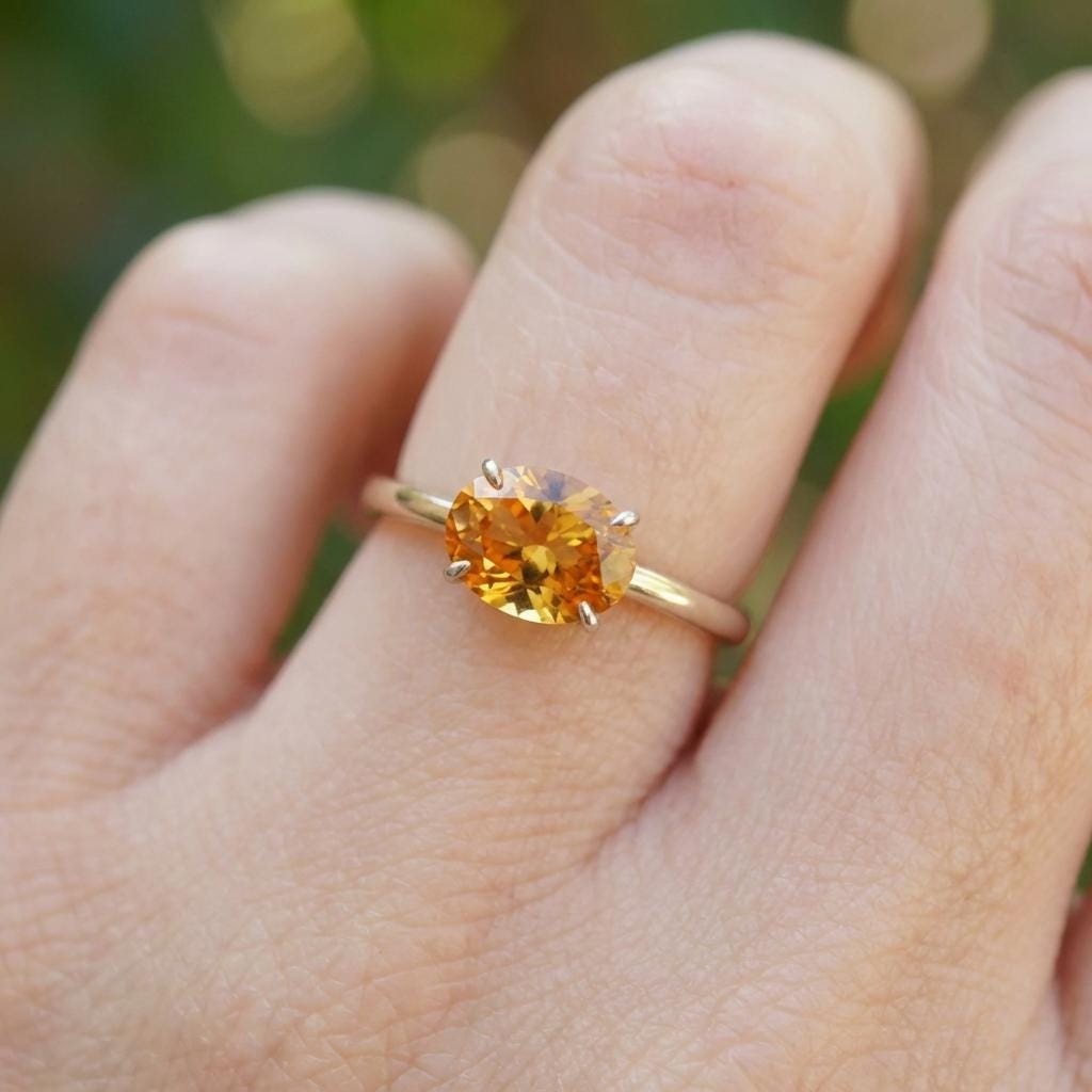 2.0 CT East West Oval Cut Citrine Birthstone Ring, Yellow Gold Vermeil Two Tone Ring, Dainty Travel Engagement Ring