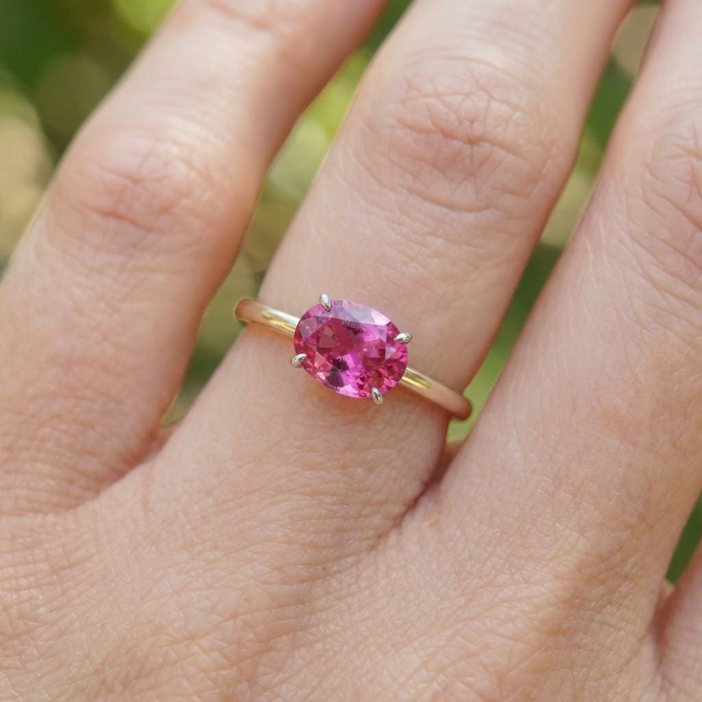 2.0 CT East West Oval Cut Pink Tourmaline Birthstone Ring, Yellow Gold Vermeil Two Tone Ring,October Engagement Ring