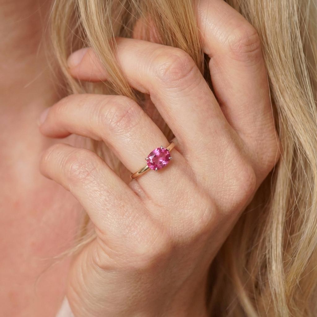 2.0 CT East West Oval Cut Pink Tourmaline Birthstone Ring, Yellow Gold Vermeil Two Tone Ring,October Engagement Ring