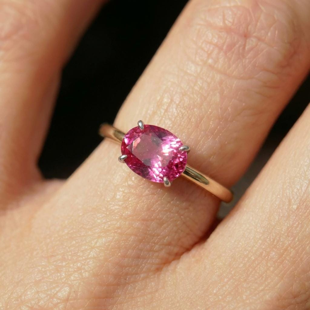 2.0 CT East West Oval Cut Pink Tourmaline Birthstone Ring, Yellow Gold Vermeil Two Tone Ring,October Engagement Ring