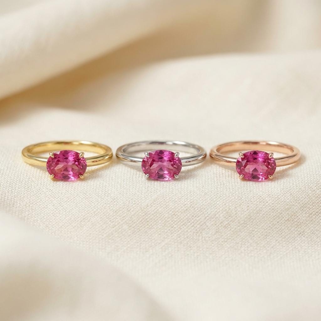2.0 CT East West Oval Cut Pink Tourmaline Birthstone Ring, Yellow Gold Vermeil Two Tone Ring,October Engagement Ring