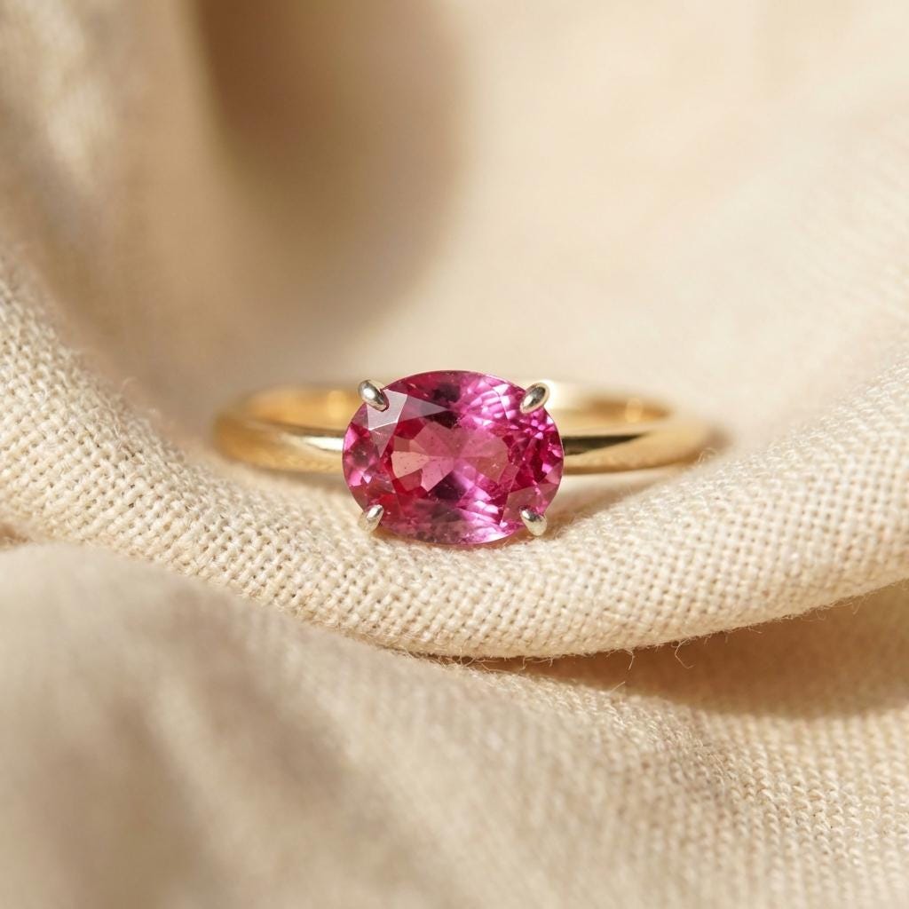 2.0 CT East West Oval Cut Pink Tourmaline Birthstone Ring, Yellow Gold Vermeil Two Tone Ring,October Engagement Ring