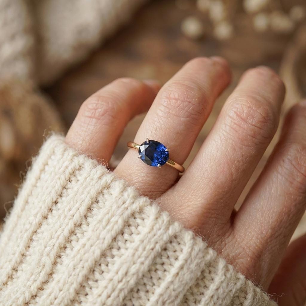 2.0 CT East West Oval Cut Sapphire Birthstone Ring for Mom, Yellow Gold Vermeil Two Tone Ring, Dainty Travel Engagement Ring