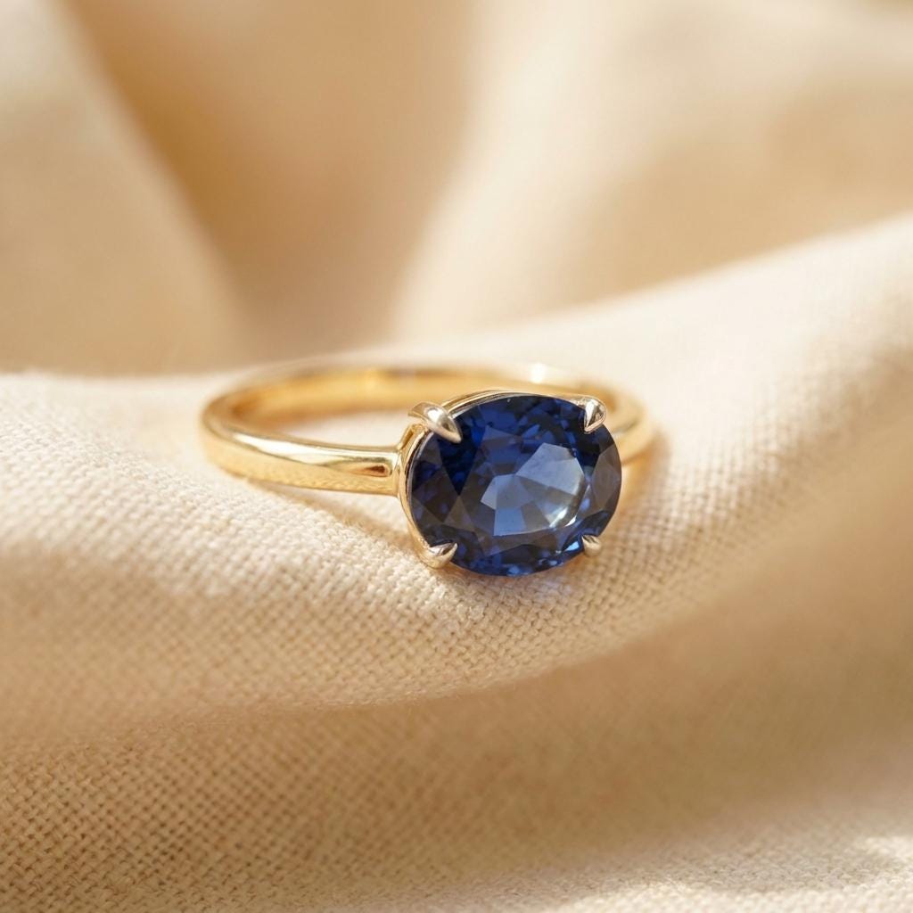 2.0 CT East West Oval Cut Sapphire Birthstone Ring for Mom, Yellow Gold Vermeil Two Tone Ring, Dainty Travel Engagement Ring