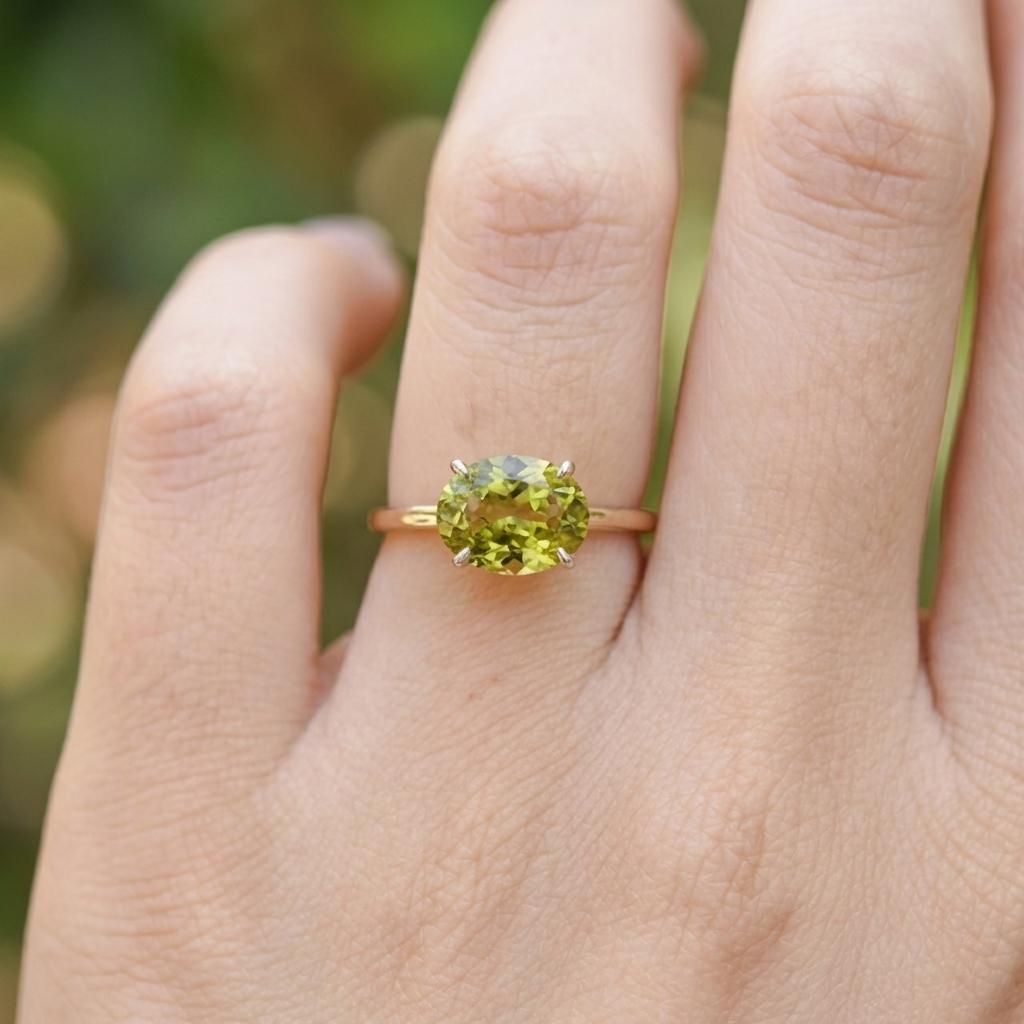 2.0 CT East West Oval Cut Peridot Birthstone Ring For Mom, Yellow Gold Vermeil Two Tone Ring, Dainty Travel Engagement Ring