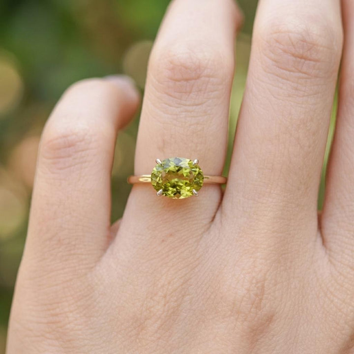 2.0 CT East West Oval Cut Peridot Birthstone Ring For Mom, Yellow Gold Vermeil Two Tone Ring, Dainty Travel Engagement Ring
