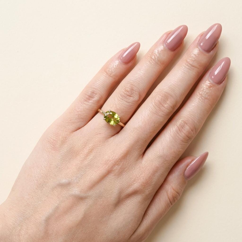 2.0 CT East West Oval Cut Peridot Birthstone Ring For Mom, Yellow Gold Vermeil Two Tone Ring, Dainty Travel Engagement Ring