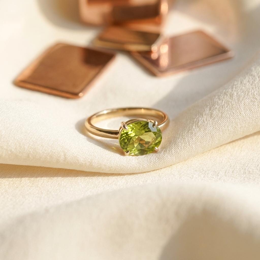 2.0 CT East West Oval Cut Peridot Birthstone Ring For Mom, Yellow Gold Vermeil Two Tone Ring, Dainty Travel Engagement Ring