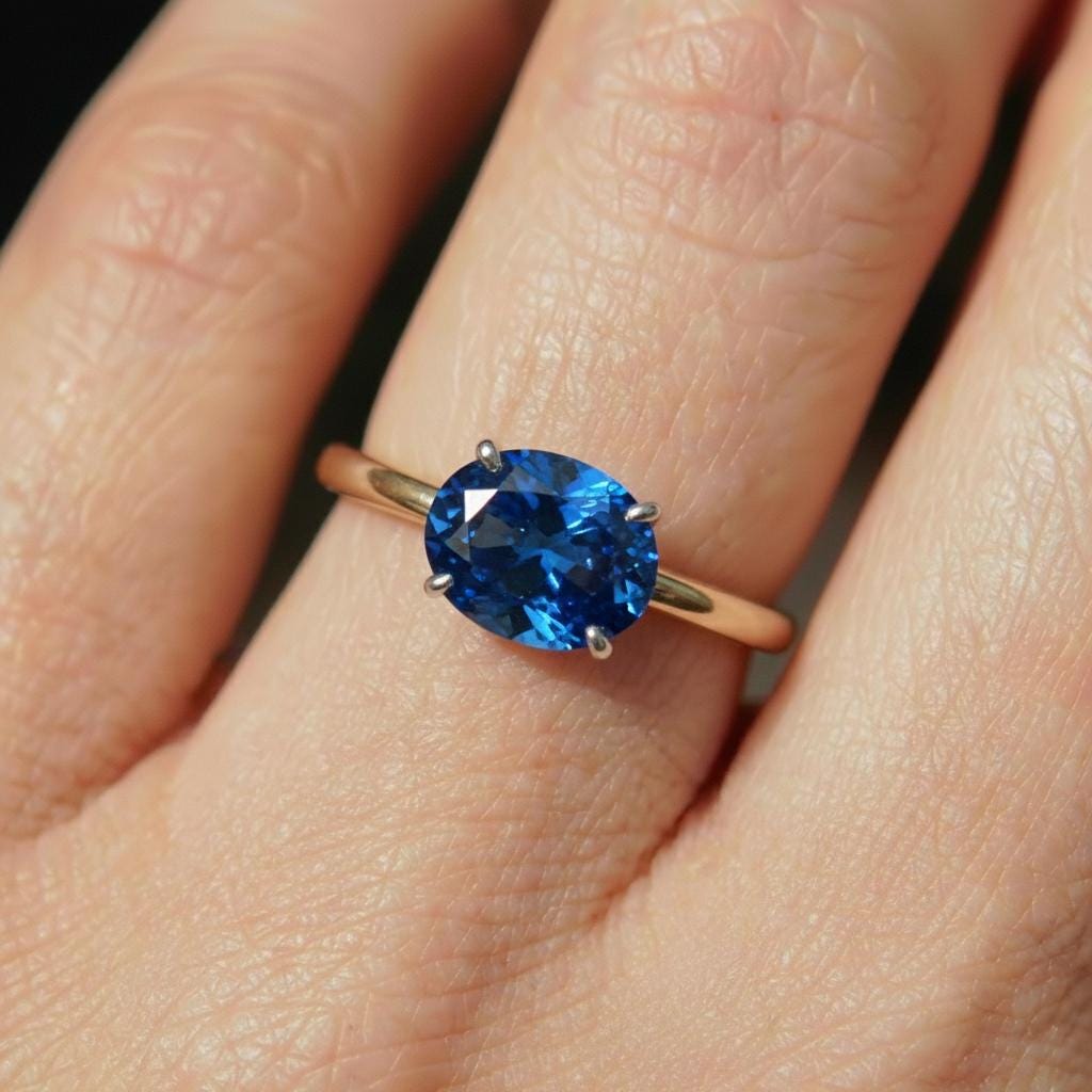 2.0 CT East West Oval Cut Blue Zircon Birthstone Ring, Yellow Gold Vermeil Two Tone Ring, Dainty Travel Engagement Ring