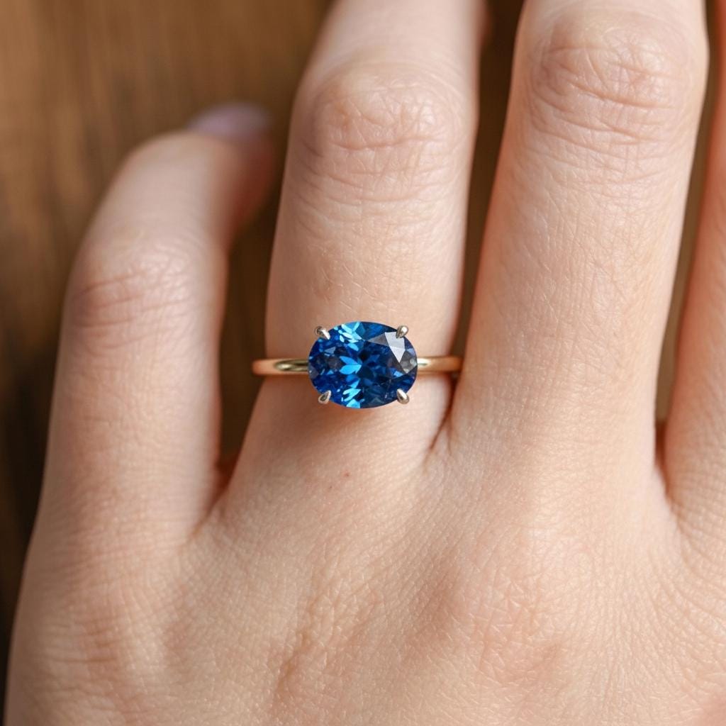 2.0 CT East West Oval Cut Blue Zircon Birthstone Ring, Yellow Gold Vermeil Two Tone Ring, Dainty Travel Engagement Ring