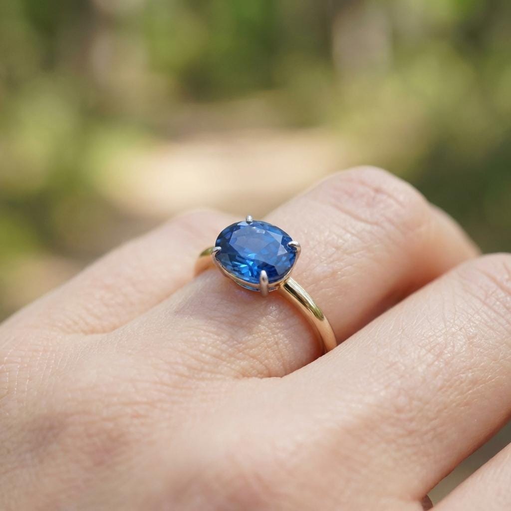 2.0 CT East West Oval Cut Blue Zircon Birthstone Ring, Yellow Gold Vermeil Two Tone Ring, Dainty Travel Engagement Ring