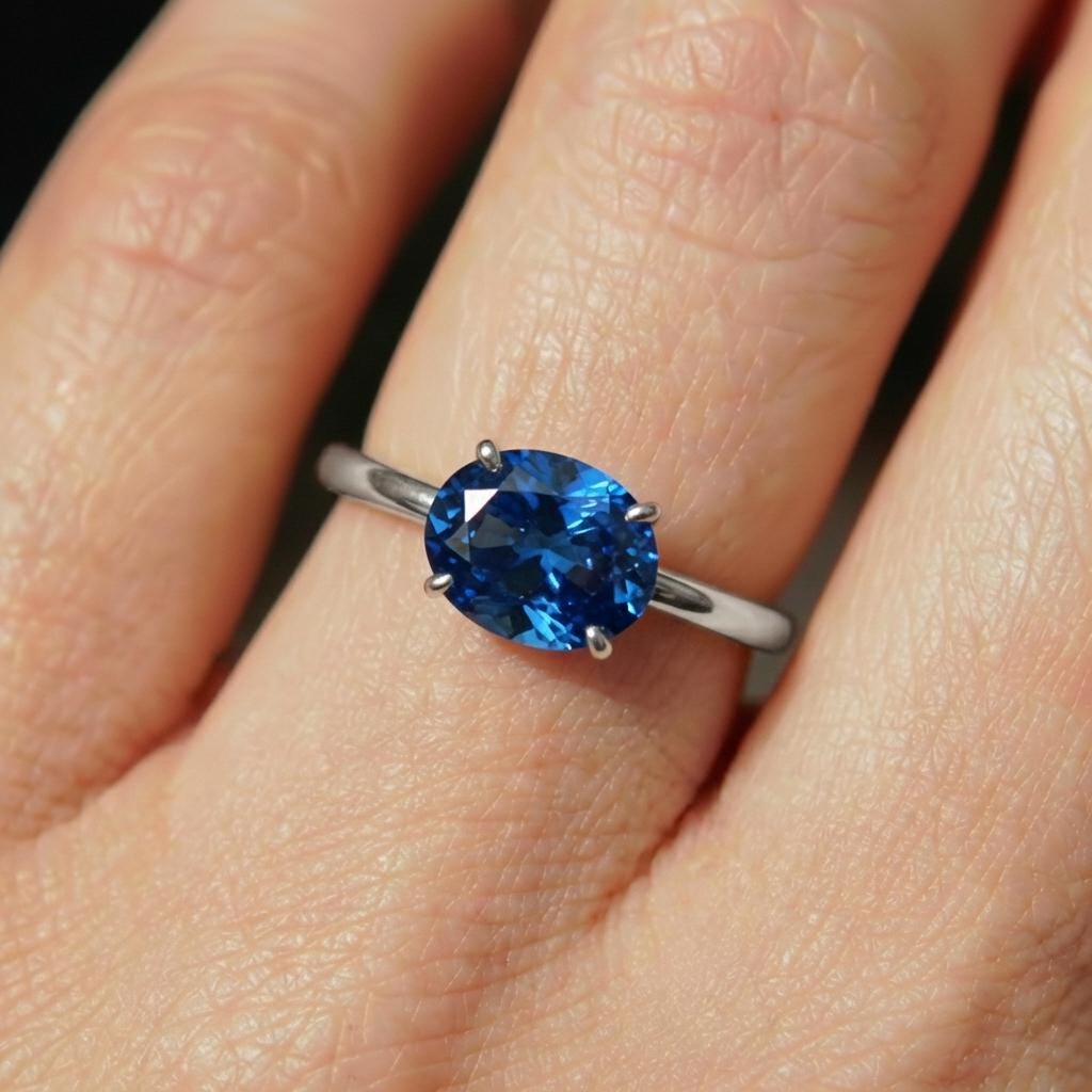 2.0 CT East West Oval Cut Blue Zircon Birthstone Ring, Yellow Gold Vermeil Two Tone Ring, Dainty Travel Engagement Ring