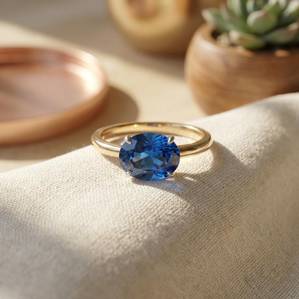 2.0 CT East West Oval Cut Blue Zircon Birthstone Ring, Yellow Gold Vermeil Two Tone Ring, Dainty Travel Engagement Ring