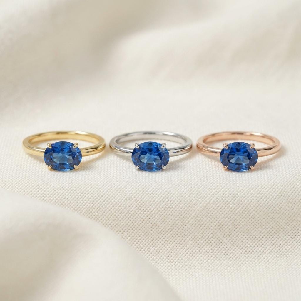 2.0 CT East West Oval Cut Blue Zircon Birthstone Ring, Yellow Gold Vermeil Two Tone Ring, Dainty Travel Engagement Ring