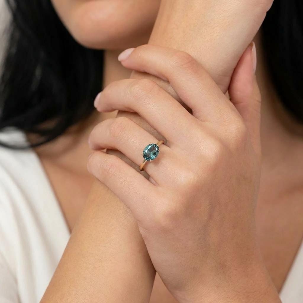 2.0 CT East West Oval Cut Alexandrite Engagement Ring, Yellow Gold Vermeil Ring, Dainty Travel Engagement Ring