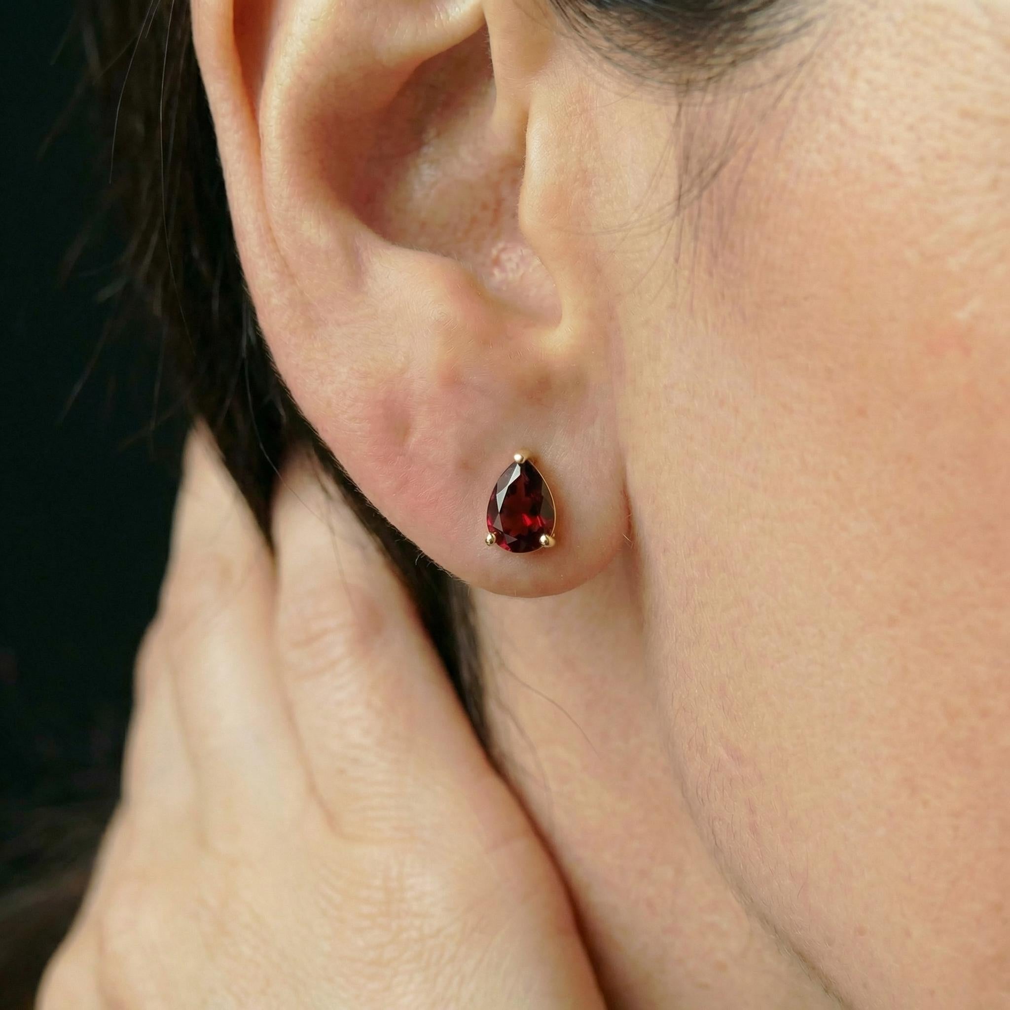 Teardrop Garnet Stud Earrings, Pear Cut Minimalist January Birthstone Jewelry, Dainty Red Gemstone Earring Gift for Her
