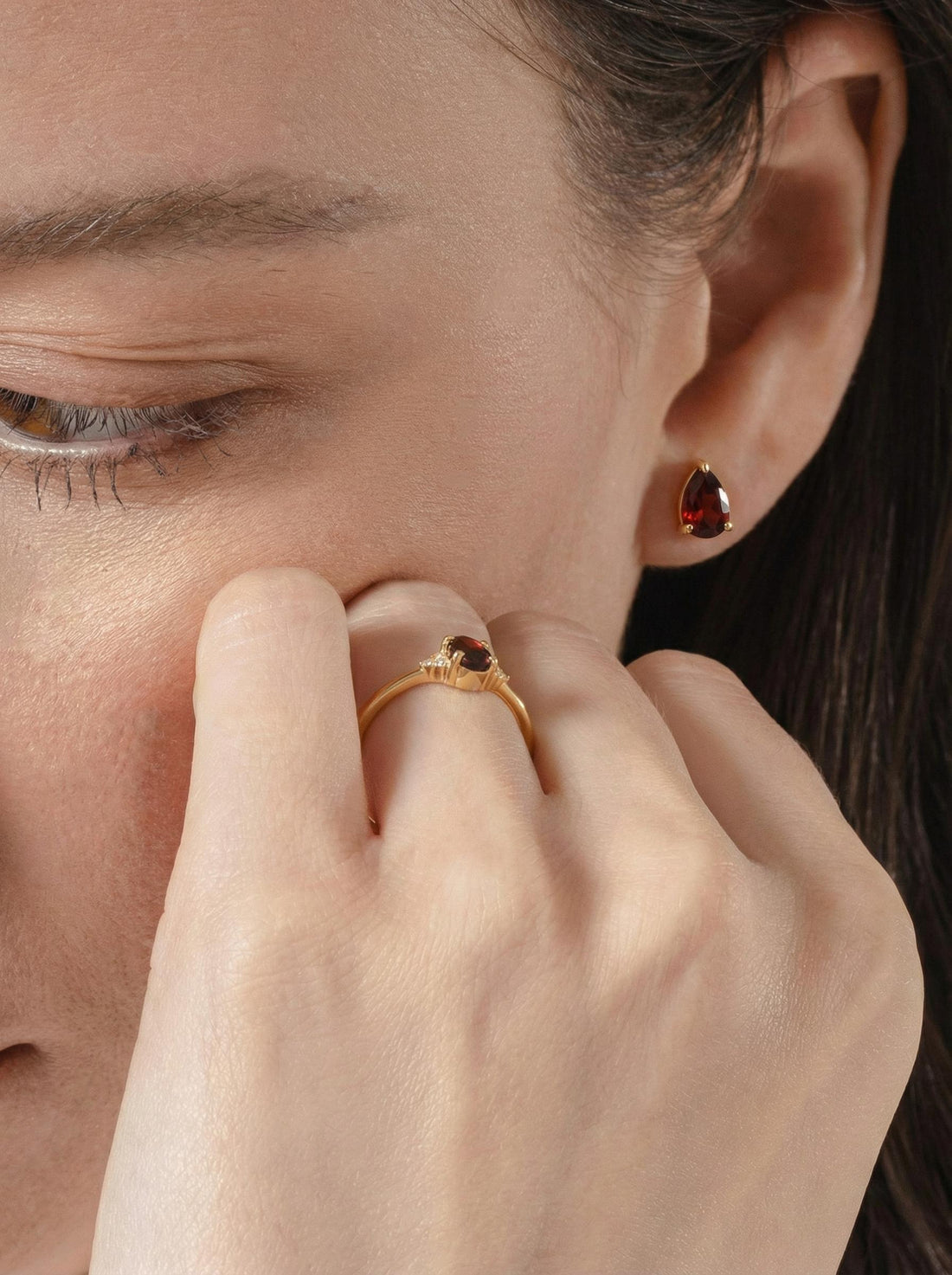 Teardrop Garnet Stud Earrings, Pear Cut Minimalist January Birthstone Jewelry, Dainty Red Gemstone Earring Gift for Her