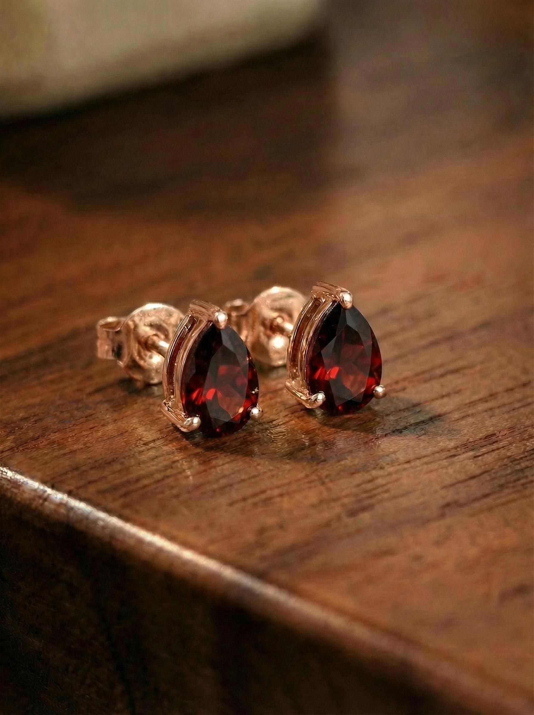 Teardrop Garnet Stud Earrings, Pear Cut Minimalist January Birthstone Jewelry, Dainty Red Gemstone Earring Gift for Her