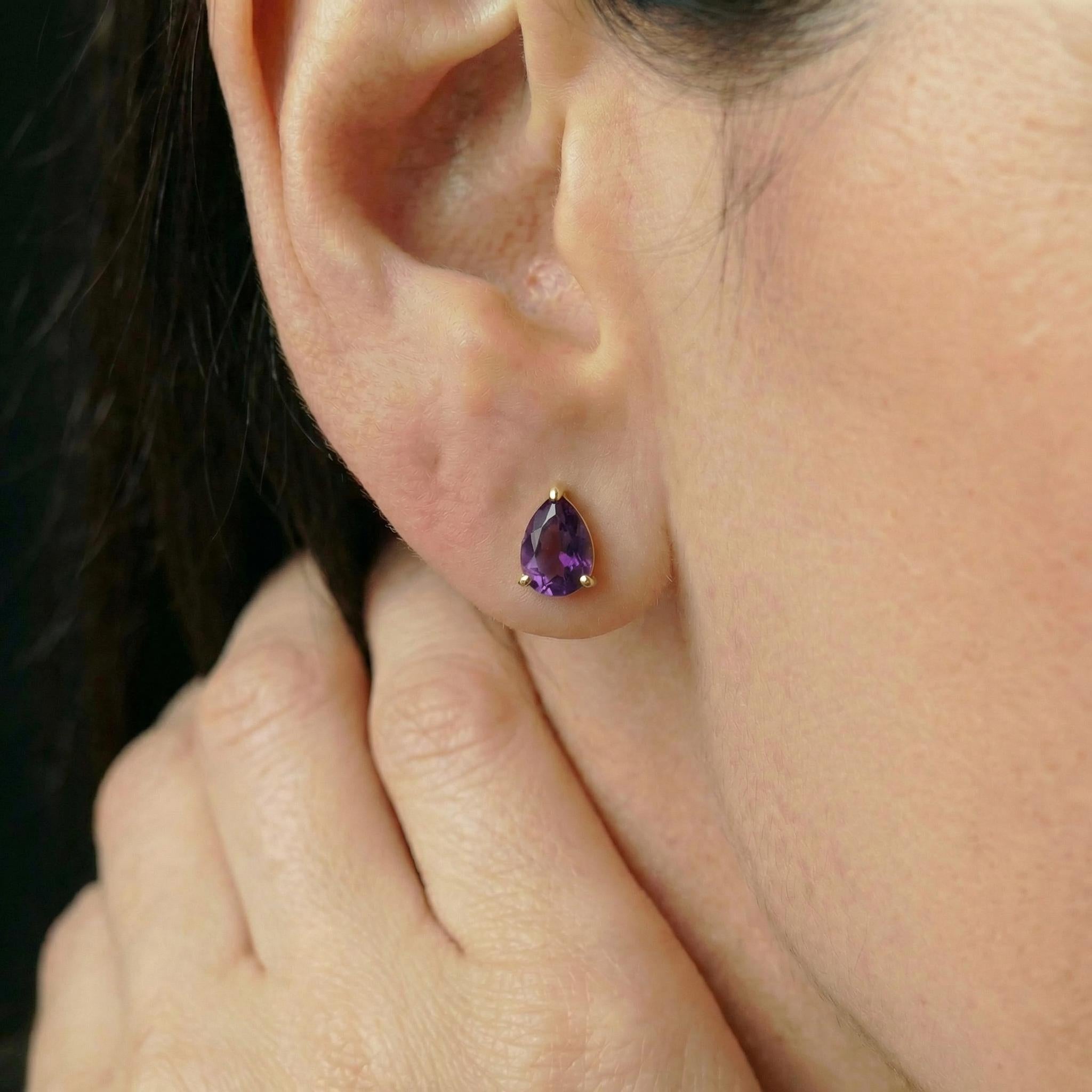 Amethyst Pear Cut Stud Earrings in Gold | Dainty Purple Gemstone Everyday Fine Jewelry | February Birthstone Gift
