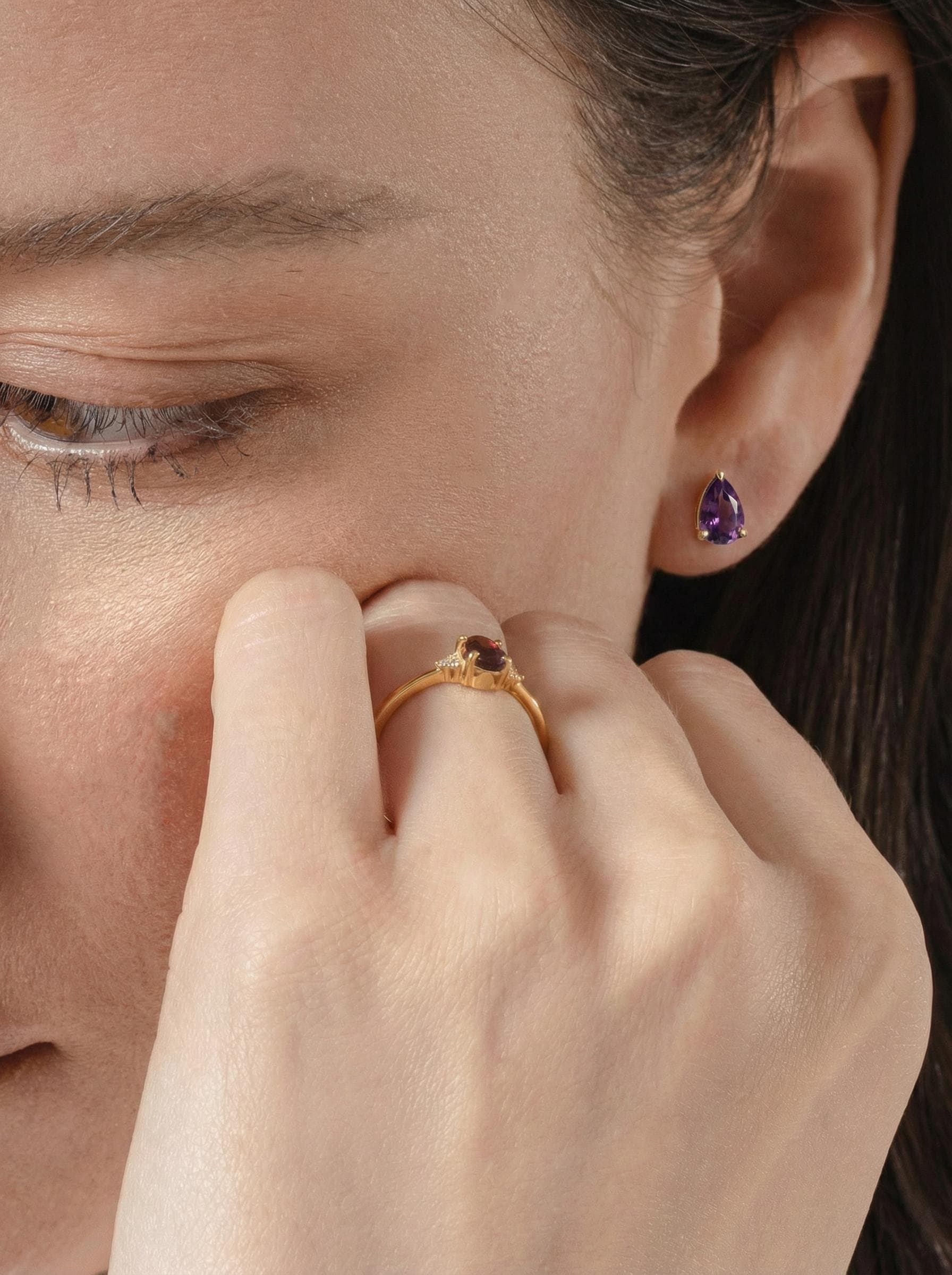 Amethyst Pear Cut Stud Earrings in Gold | Dainty Purple Gemstone Everyday Fine Jewelry | February Birthstone Gift