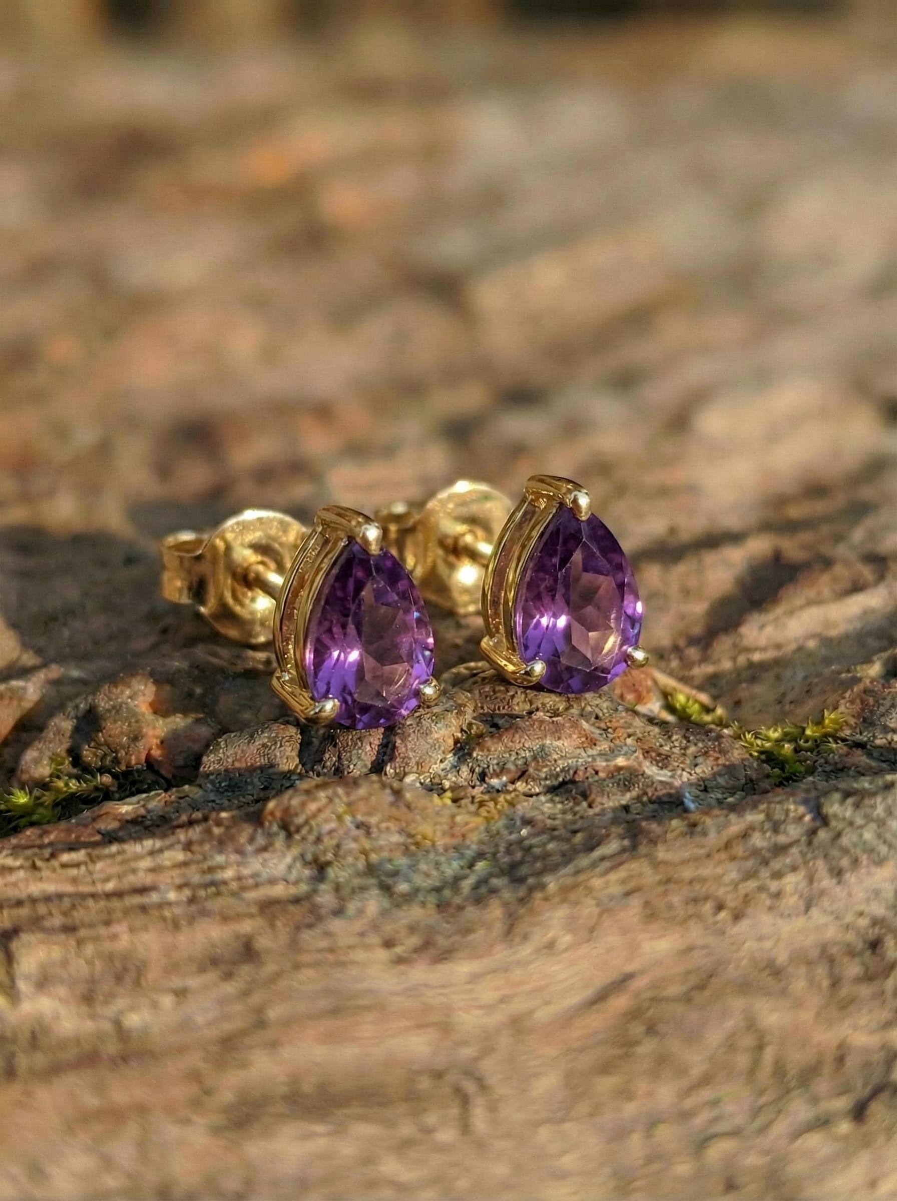 Amethyst Pear Cut Stud Earrings in Gold | Dainty Purple Gemstone Everyday Fine Jewelry | February Birthstone Gift