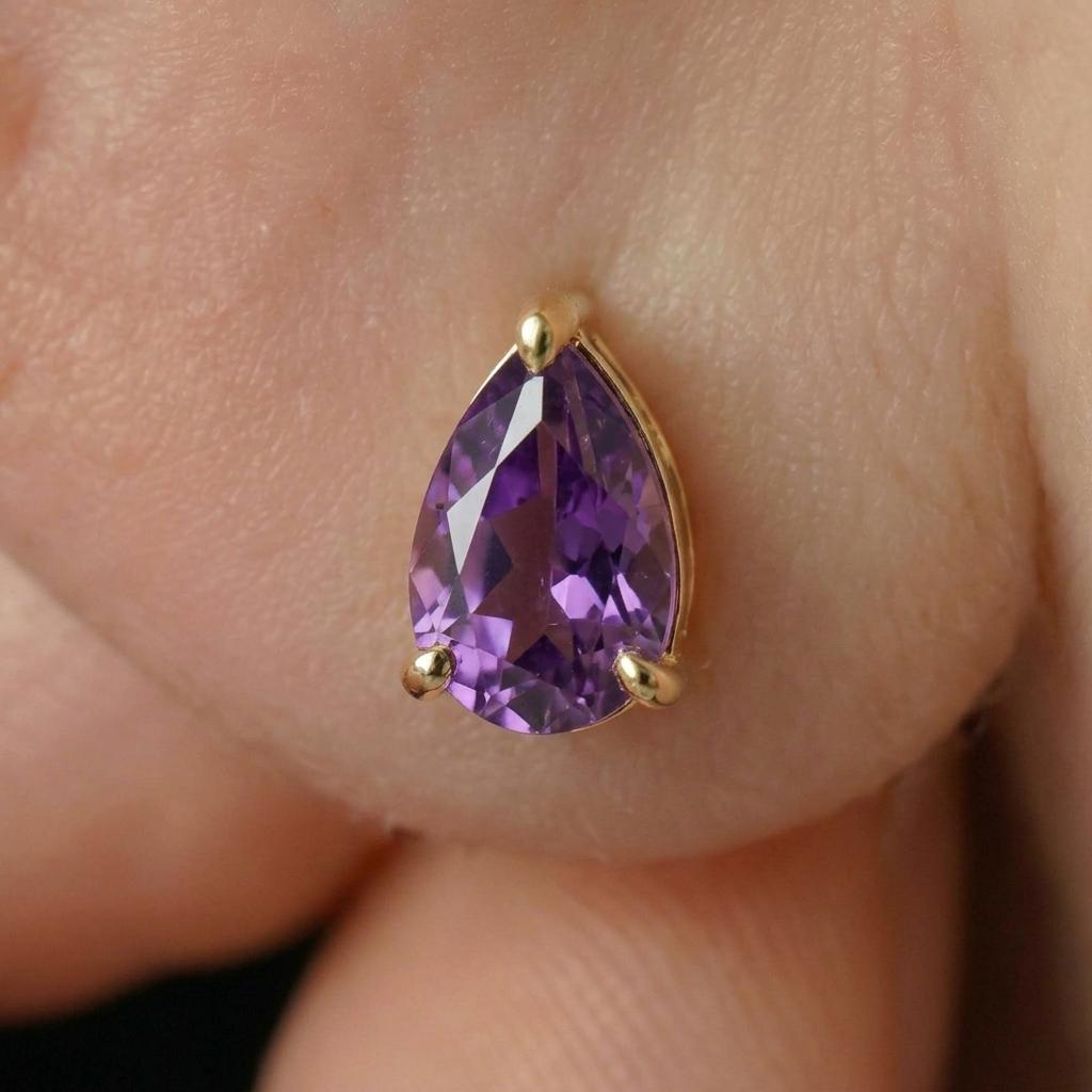 Amethyst Pear Cut Stud Earrings in Gold | Dainty Purple Gemstone Everyday Fine Jewelry | February Birthstone Gift