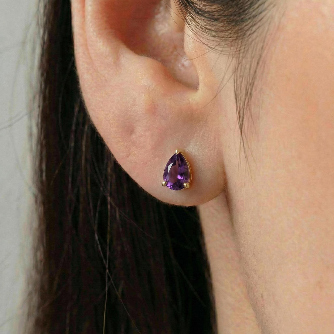 Amethyst Pear Cut Stud Earrings in Gold | Dainty Purple Gemstone Everyday Fine Jewelry | February Birthstone Gift