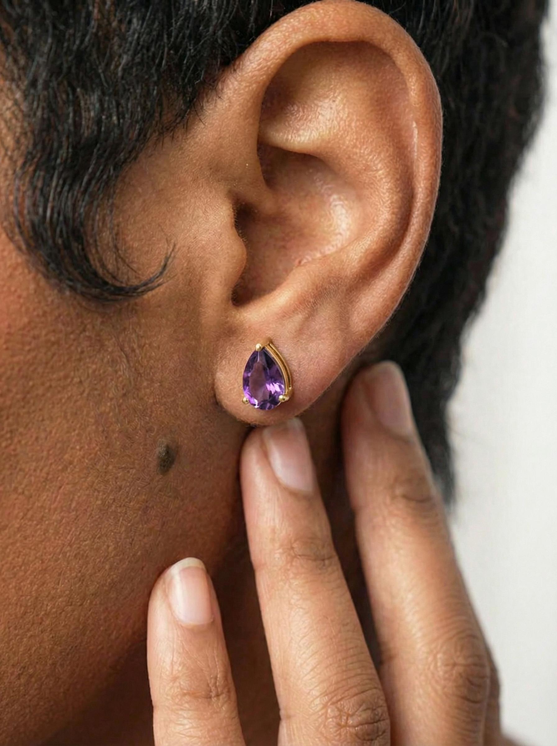 Amethyst Pear Cut Stud Earrings in Gold | Dainty Purple Gemstone Everyday Fine Jewelry | February Birthstone Gift