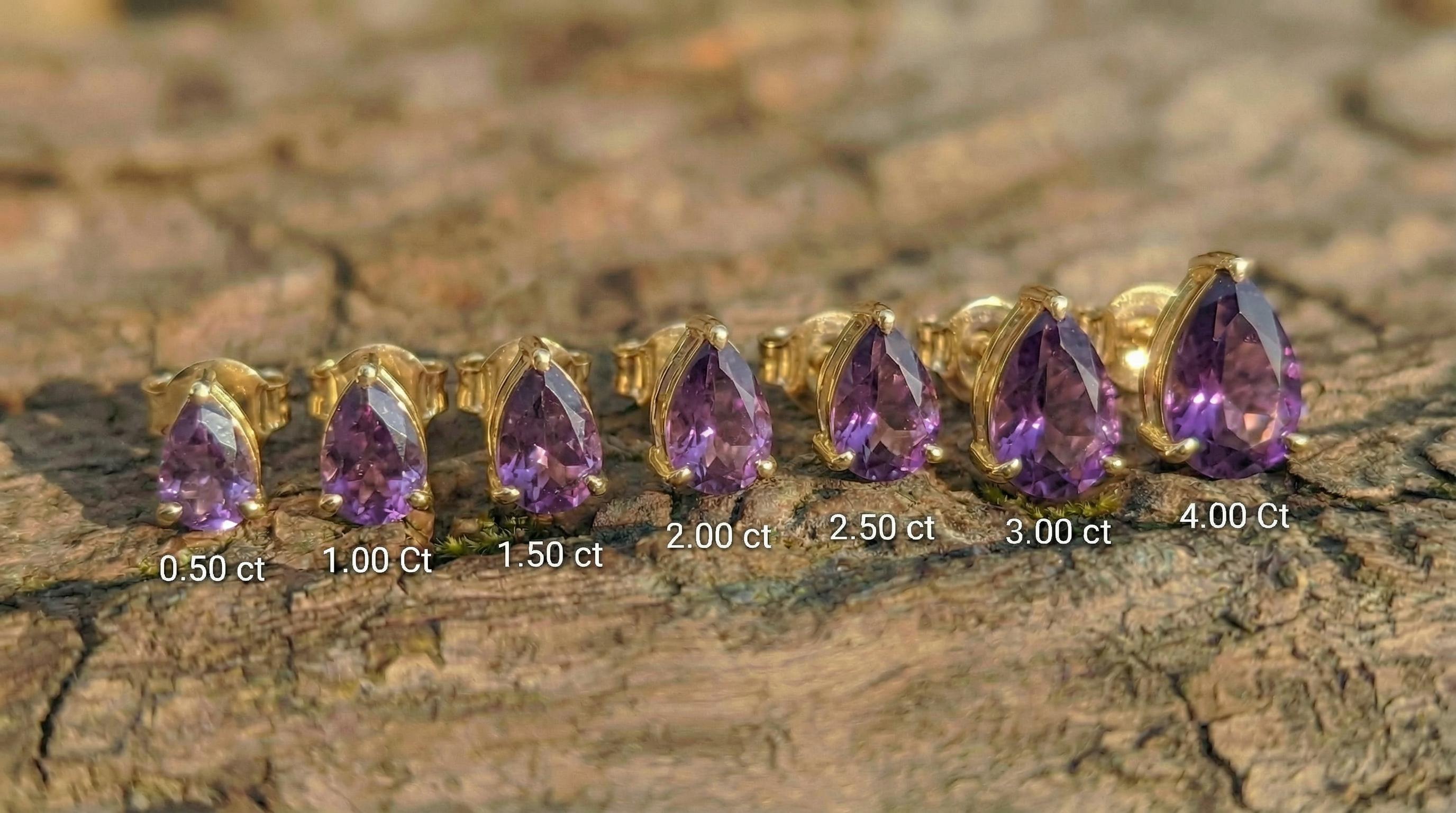Amethyst Pear Cut Stud Earrings in Gold | Dainty Purple Gemstone Everyday Fine Jewelry | February Birthstone Gift