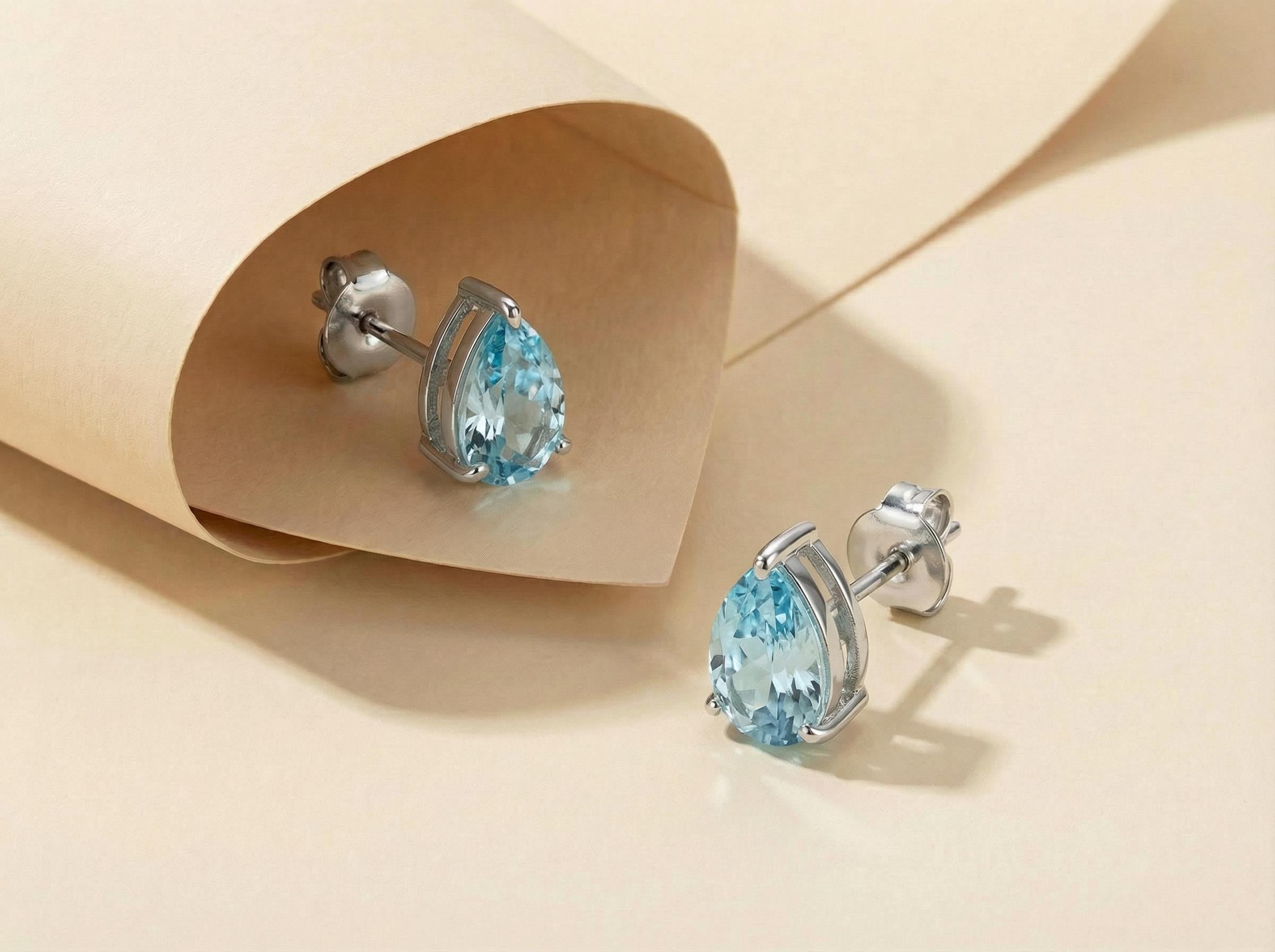 Dainty Pear Cut Aquamarine Stud Earrings in Gold | Teardrop Blue Gemstone Birthstone Jewelry | March Birthstone Gift for Her | Minimalist Ev
