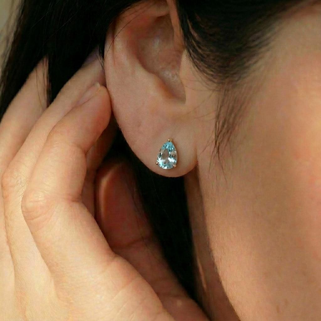 Dainty Pear Cut Aquamarine Stud Earrings in Gold | Teardrop Blue Gemstone Birthstone Jewelry | March Birthstone Gift for Her | Minimalist Ev