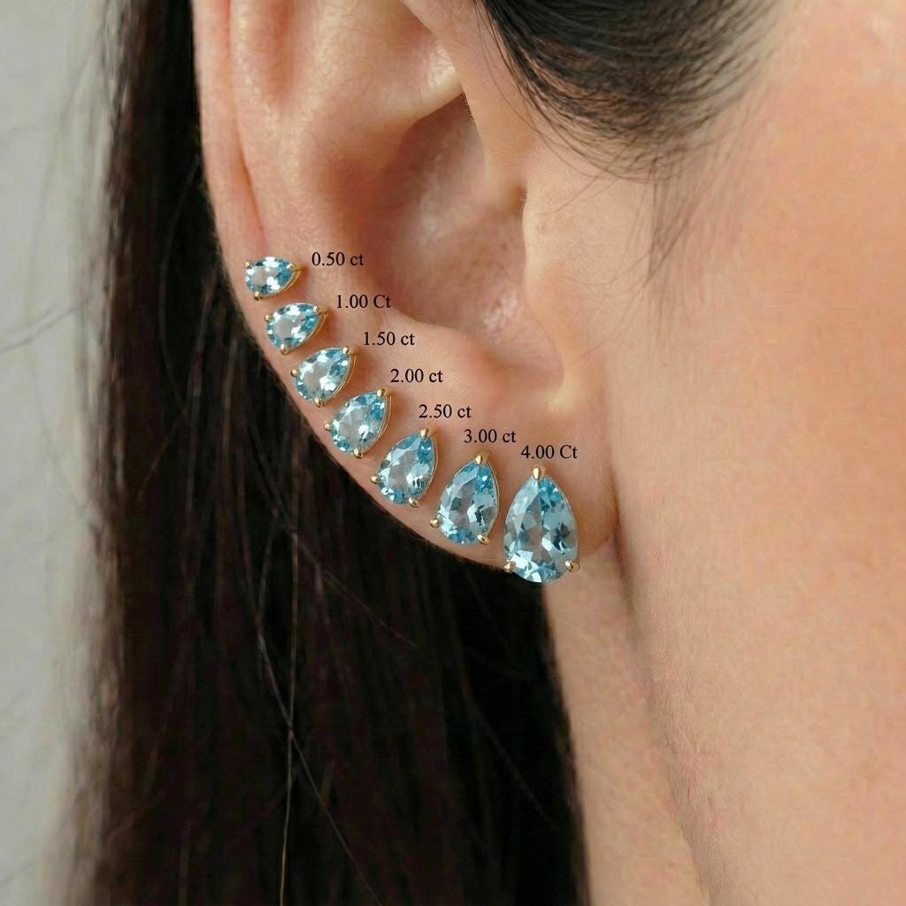 Dainty Pear Cut Aquamarine Stud Earrings in Gold | Teardrop Blue Gemstone Birthstone Jewelry | March Birthstone Gift for Her | Minimalist Ev