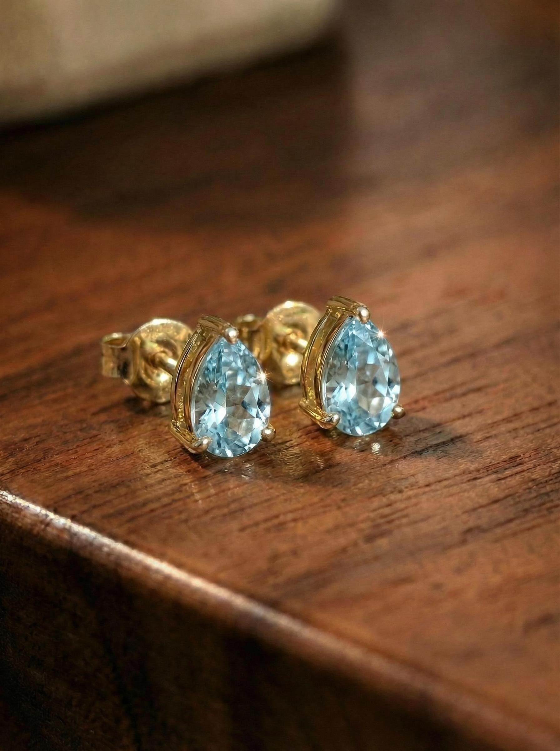 Dainty Pear Cut Aquamarine Stud Earrings in Gold | Teardrop Blue Gemstone Birthstone Jewelry | March Birthstone Gift for Her | Minimalist Ev