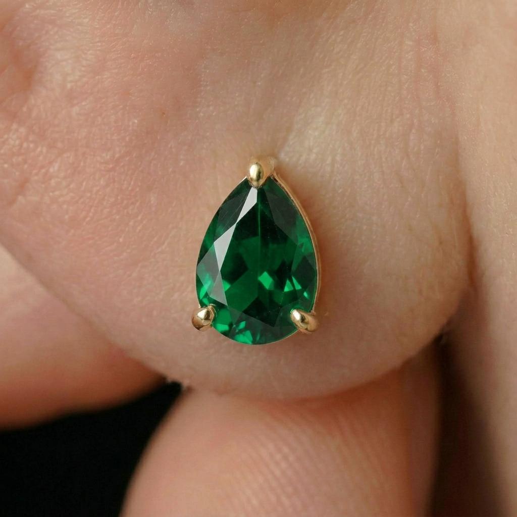 Emerald Teardrop Stud Earrings in Gold | Dainty Pear Cut Gemstone May Birthstone Minimalist Fine Jewelry Gift for Her