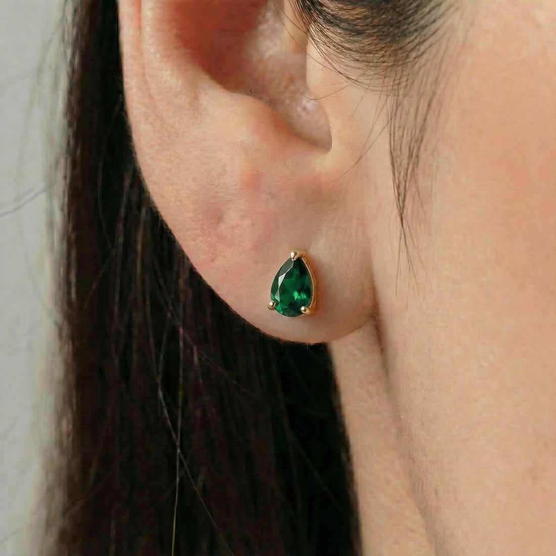 Emerald Teardrop Stud Earrings in Gold | Dainty Pear Cut Gemstone May Birthstone Minimalist Fine Jewelry Gift for Her