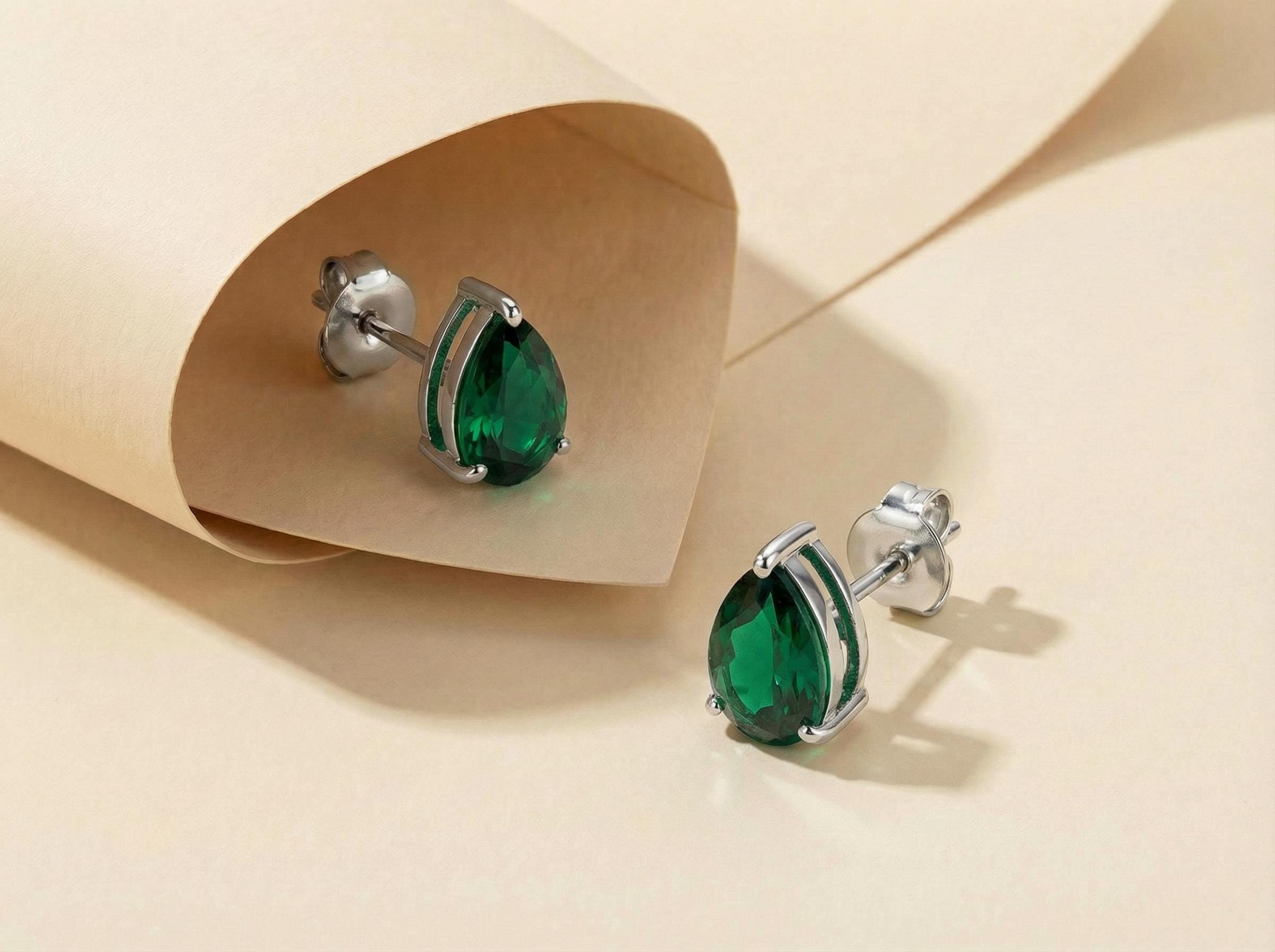 Emerald Teardrop Stud Earrings in Gold | Dainty Pear Cut Gemstone May Birthstone Minimalist Fine Jewelry Gift for Her
