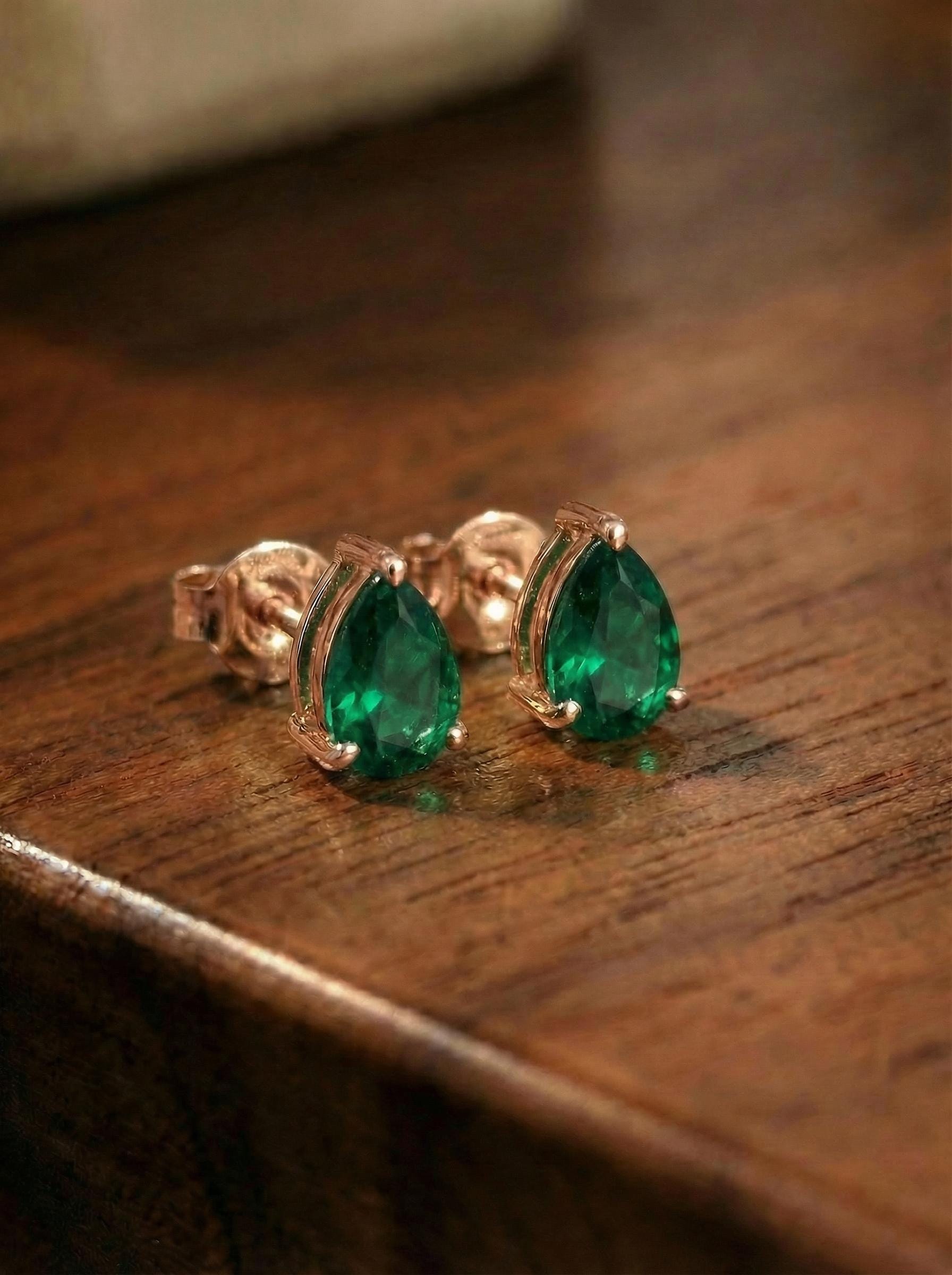 Emerald Teardrop Stud Earrings in Gold | Dainty Pear Cut Gemstone May Birthstone Minimalist Fine Jewelry Gift for Her
